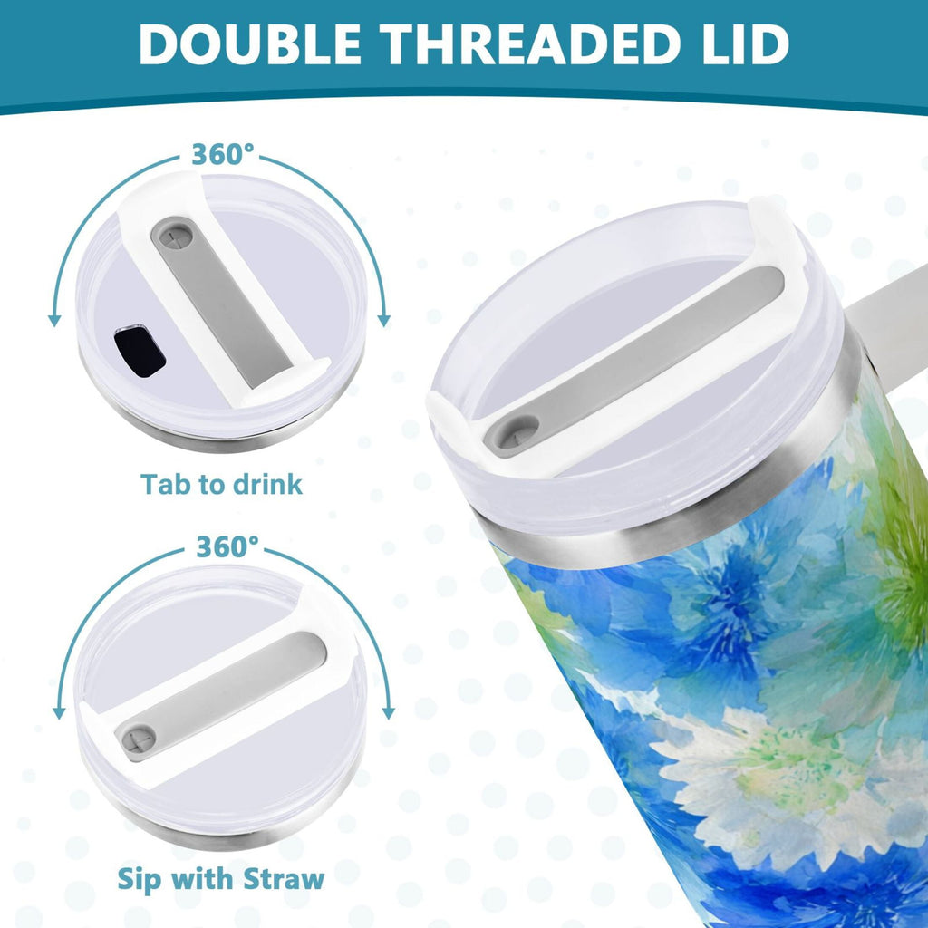 40 oz Insulated Stainless Steel Tumbler Double Wall Stainless Steel Tumbler with 2-Way Drinking Watercolor Blue Cornflowers Edition-E085