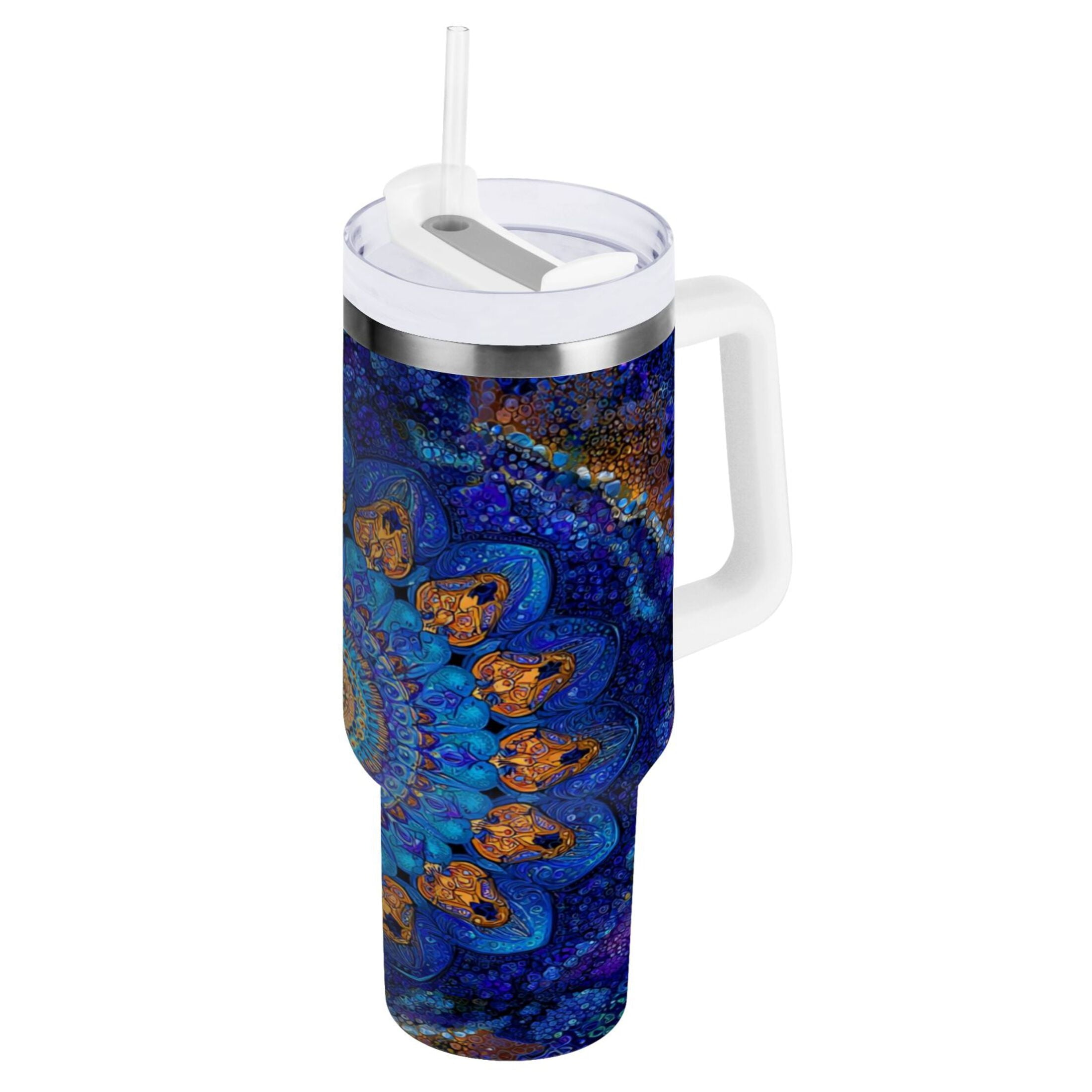 30 oz Insulated Stainless Steel Tumbler Double Wall Stainless Steel Tumbler with 2-Way Drinking Blue Kaleidoscopic Pattern Edition-IGGJ