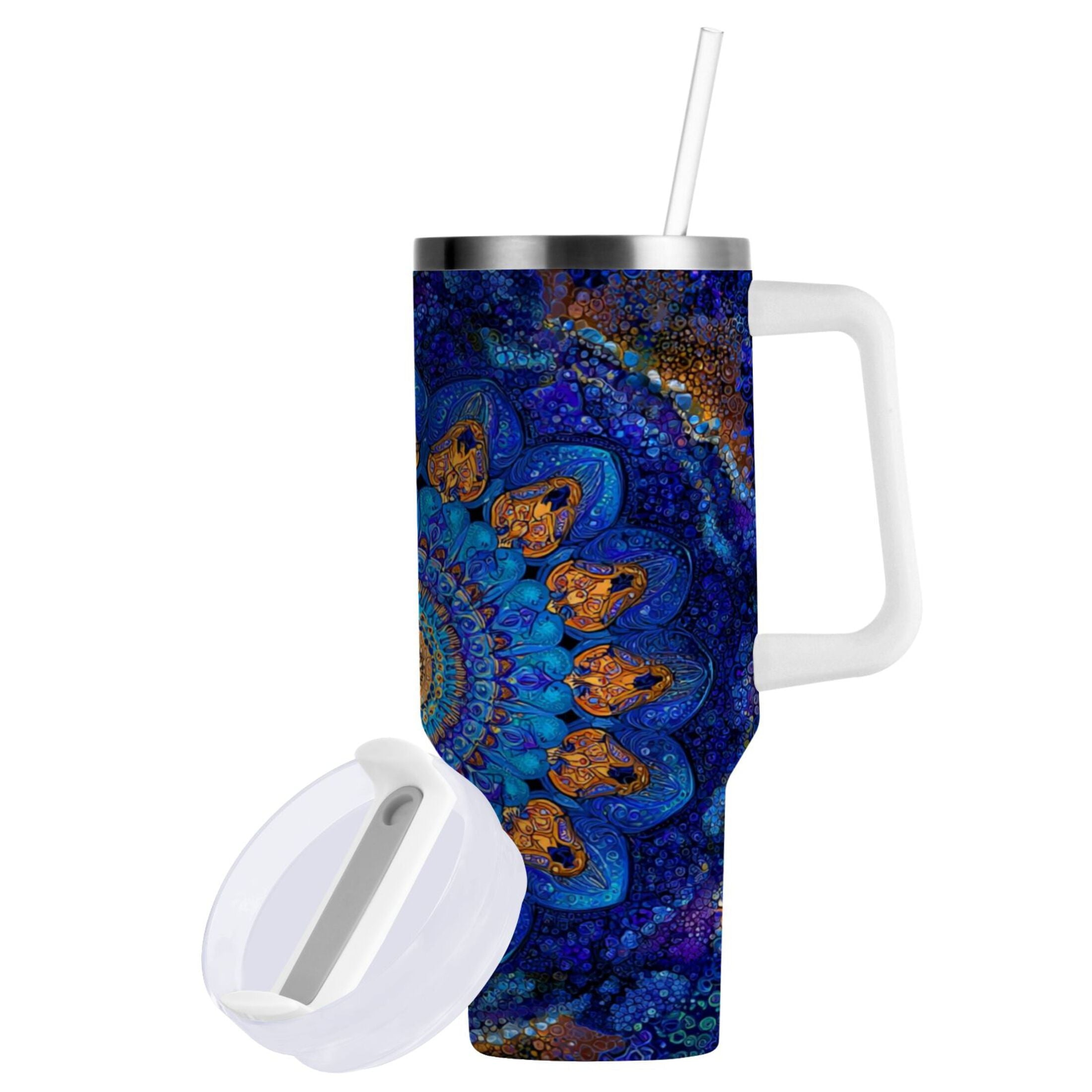 30 oz Insulated Stainless Steel Tumbler Double Wall Stainless Steel Tumbler with 2-Way Drinking Blue Kaleidoscopic Pattern Edition-IGGJ