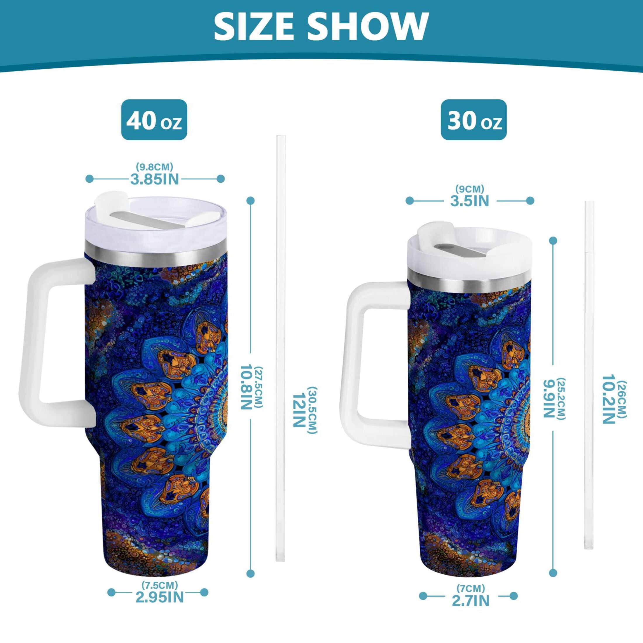 30 oz Insulated Stainless Steel Tumbler Double Wall Stainless Steel Tumbler with 2-Way Drinking Blue Kaleidoscopic Pattern Edition-IGGJ