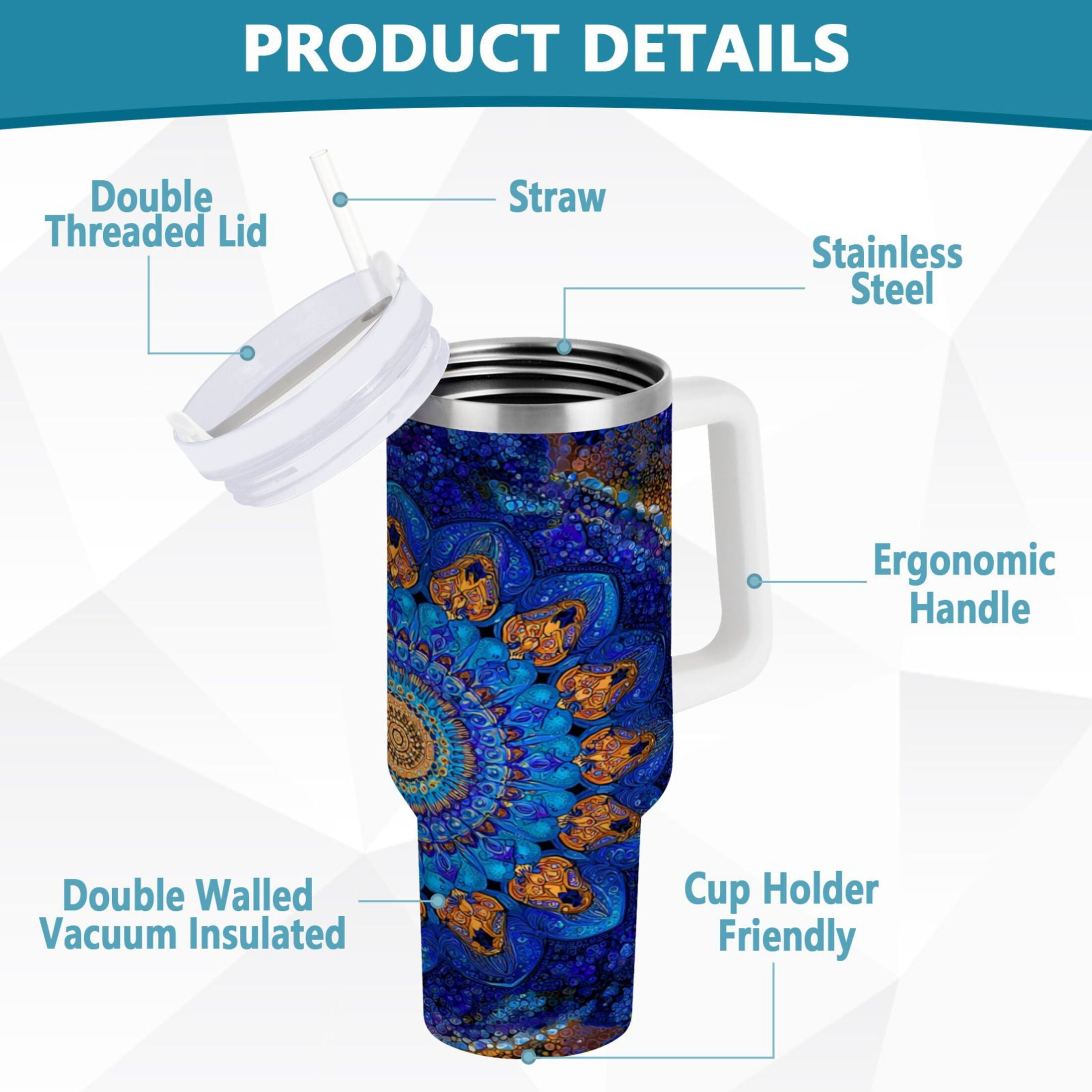 30 oz Insulated Stainless Steel Tumbler Double Wall Stainless Steel Tumbler with 2-Way Drinking Blue Kaleidoscopic Pattern Edition-IGGJ