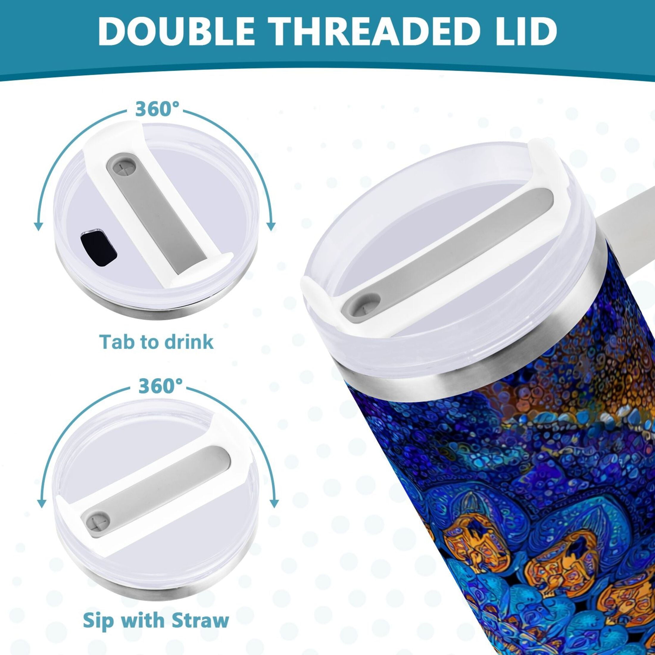 30 oz Insulated Stainless Steel Tumbler Double Wall Stainless Steel Tumbler with 2-Way Drinking Blue Kaleidoscopic Pattern Edition-IGGJ