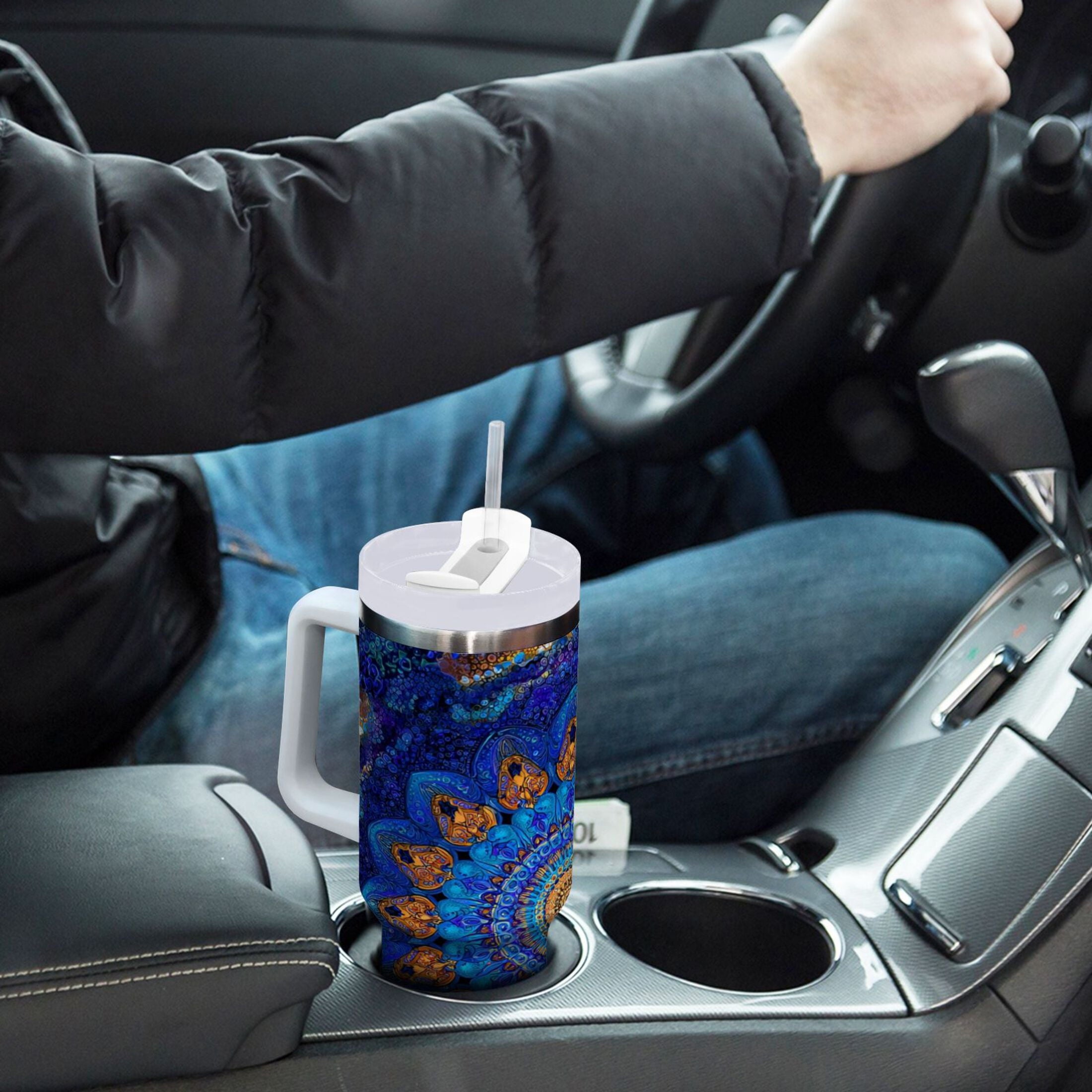 30 oz Insulated Stainless Steel Tumbler Double Wall Stainless Steel Tumbler with 2-Way Drinking Blue Kaleidoscopic Pattern Edition-IGGJ