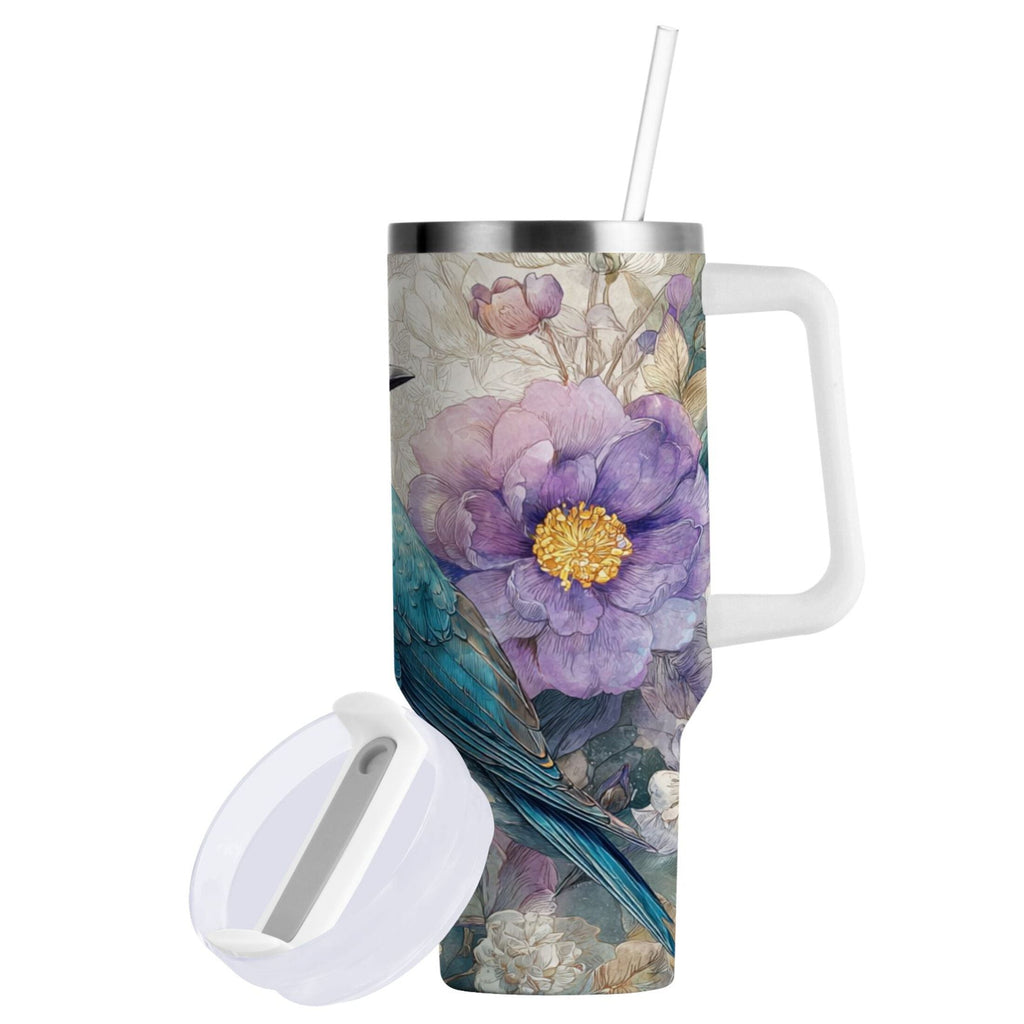 30 oz Insulated Stainless Steel Tumbler Double Wall Stainless Steel Tumbler with 2-Way Drinking Bluebird and Flower Edition-Q4FO
