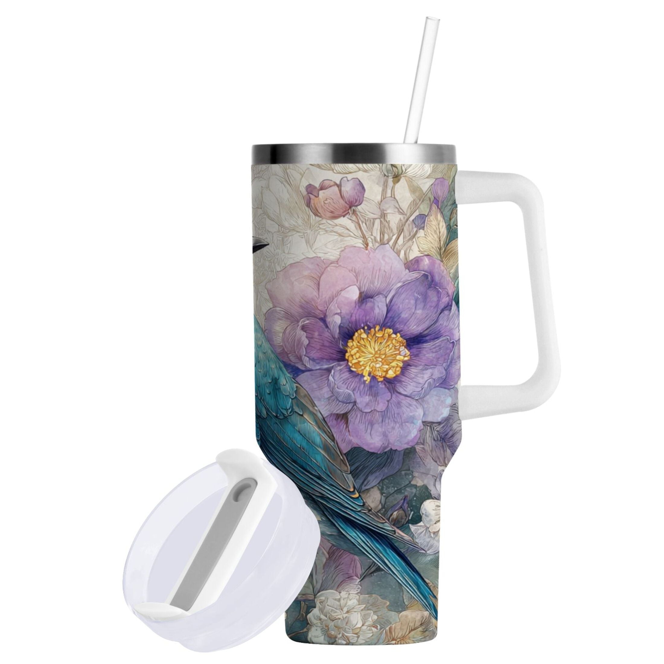 30 oz Insulated Stainless Steel Tumbler Double Wall Stainless Steel Tumbler with 2-Way Drinking Bluebird and Flower Edition-Q4FO