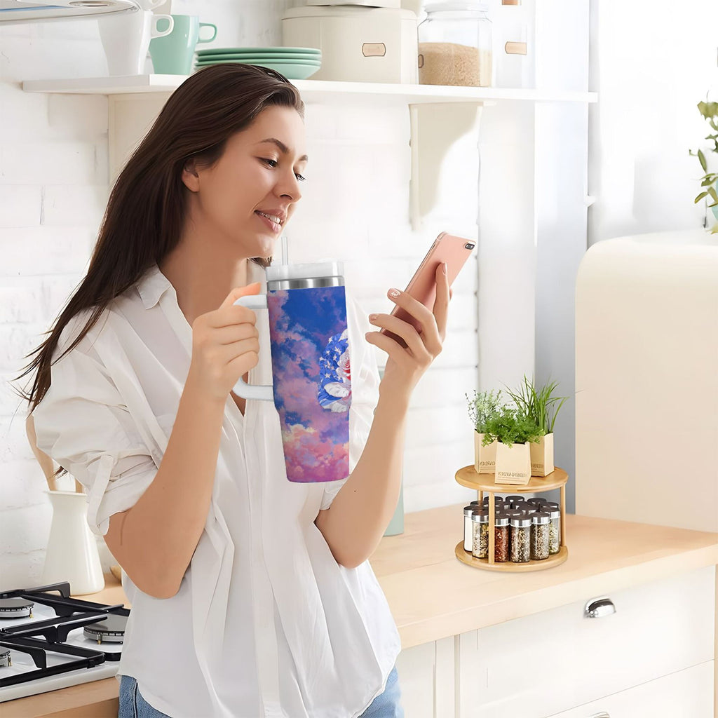 30 oz Insulated Stainless Steel Tumbler Double Wall Stainless Steel Tumbler with 2-Way Drinking Rose with Flag Pattern Edition-OTL2