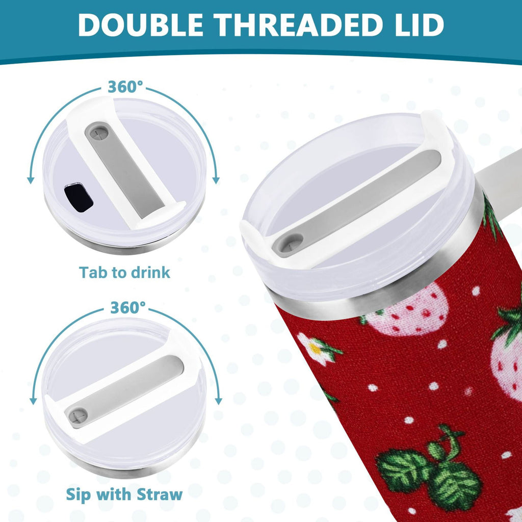 30 oz Insulated Stainless Steel Tumbler Double Wall Stainless Steel Tumbler with 2-Way Drinking Cute Pink Strawberry Pattern Edition-AZ2V