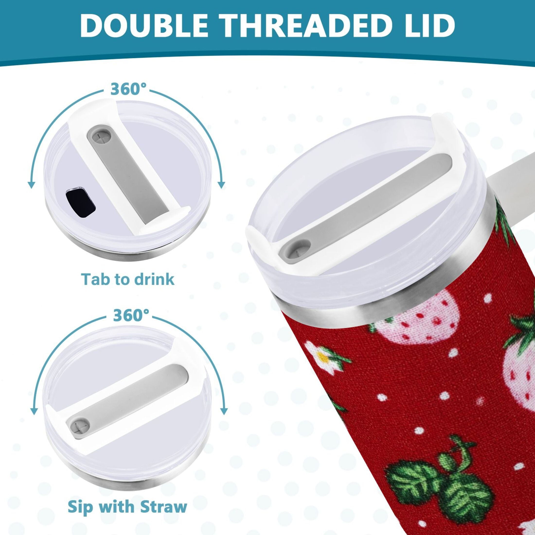 30 oz Insulated Stainless Steel Tumbler Double Wall Stainless Steel Tumbler with 2-Way Drinking Cute Pink Strawberry Pattern Edition-AZ2V