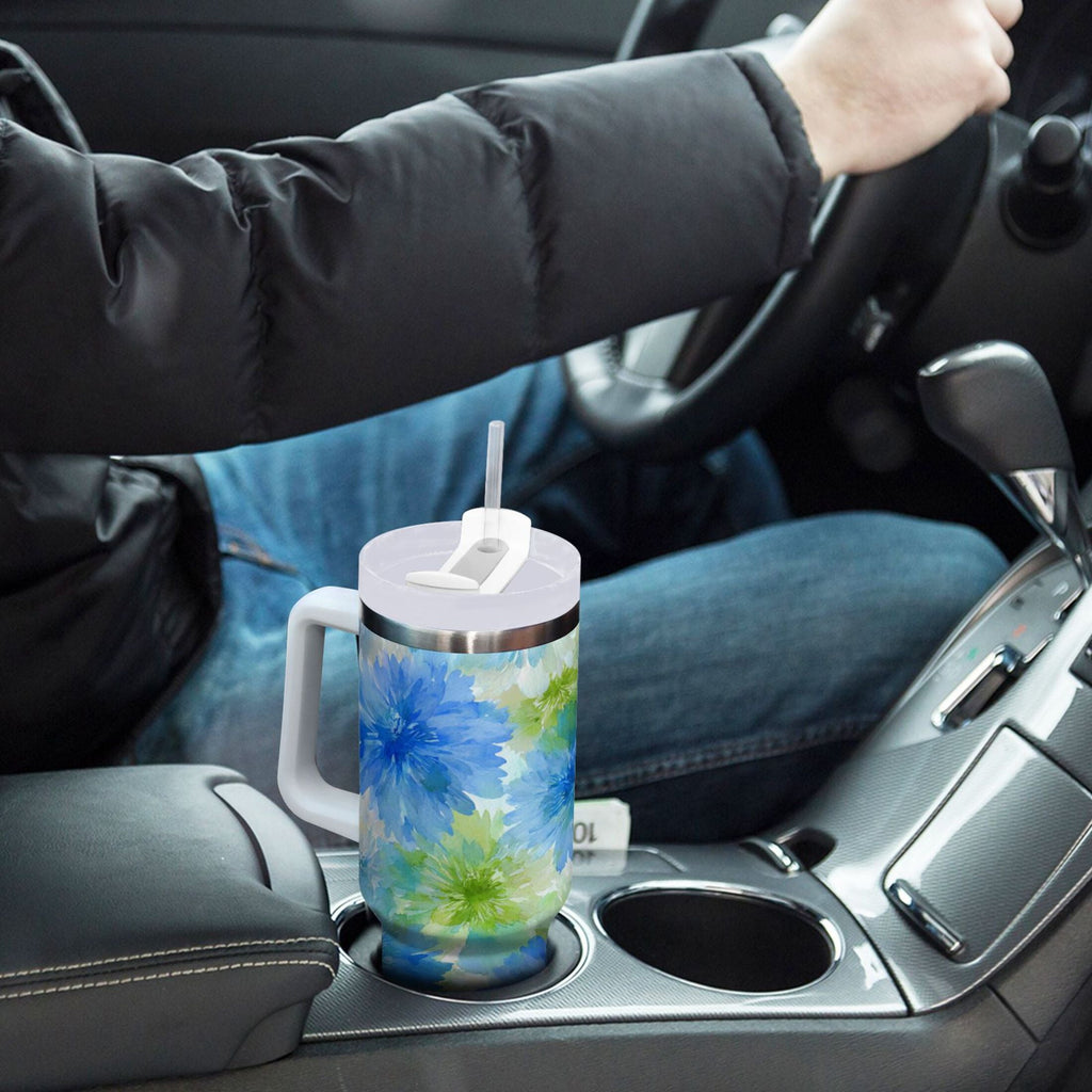 40 oz Insulated Stainless Steel Tumbler Double Wall Stainless Steel Tumbler with 2-Way Drinking Watercolor Blue Cornflowers Edition-E085