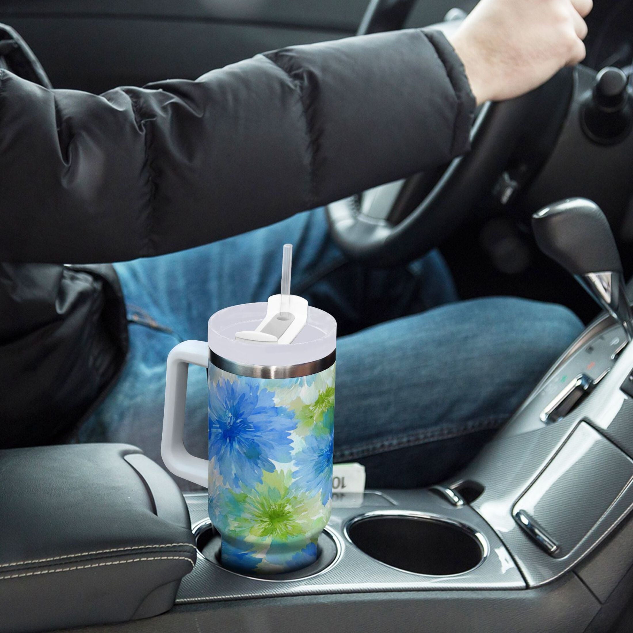 40 oz Insulated Stainless Steel Tumbler Double Wall Stainless Steel Tumbler with 2-Way Drinking Watercolor Blue Cornflowers Edition-E085