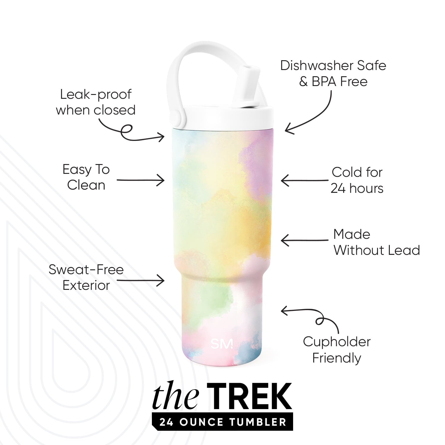 Simple Modern 24 fl oz Insulated Stainless Steel Trek Pivot Tumbler with Straw Lid and Top Handle|Cotton Candy Tie Dye Edition-JDNP