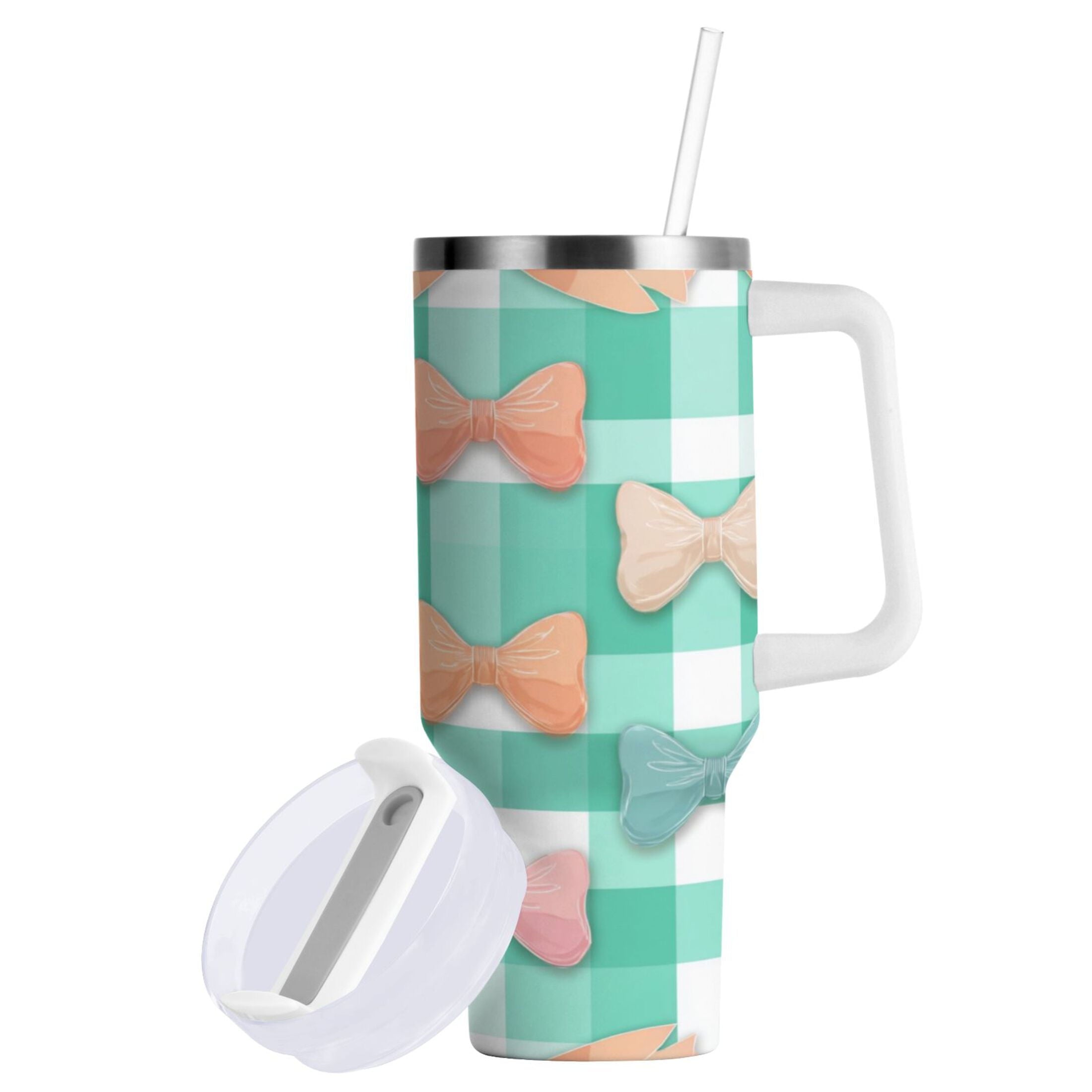40 oz Insulated Stainless Steel Tumbler Double Wall Stainless Steel Tumbler with 2-Way Drinking Pastel Green and Peach Bows Edition-PZG7