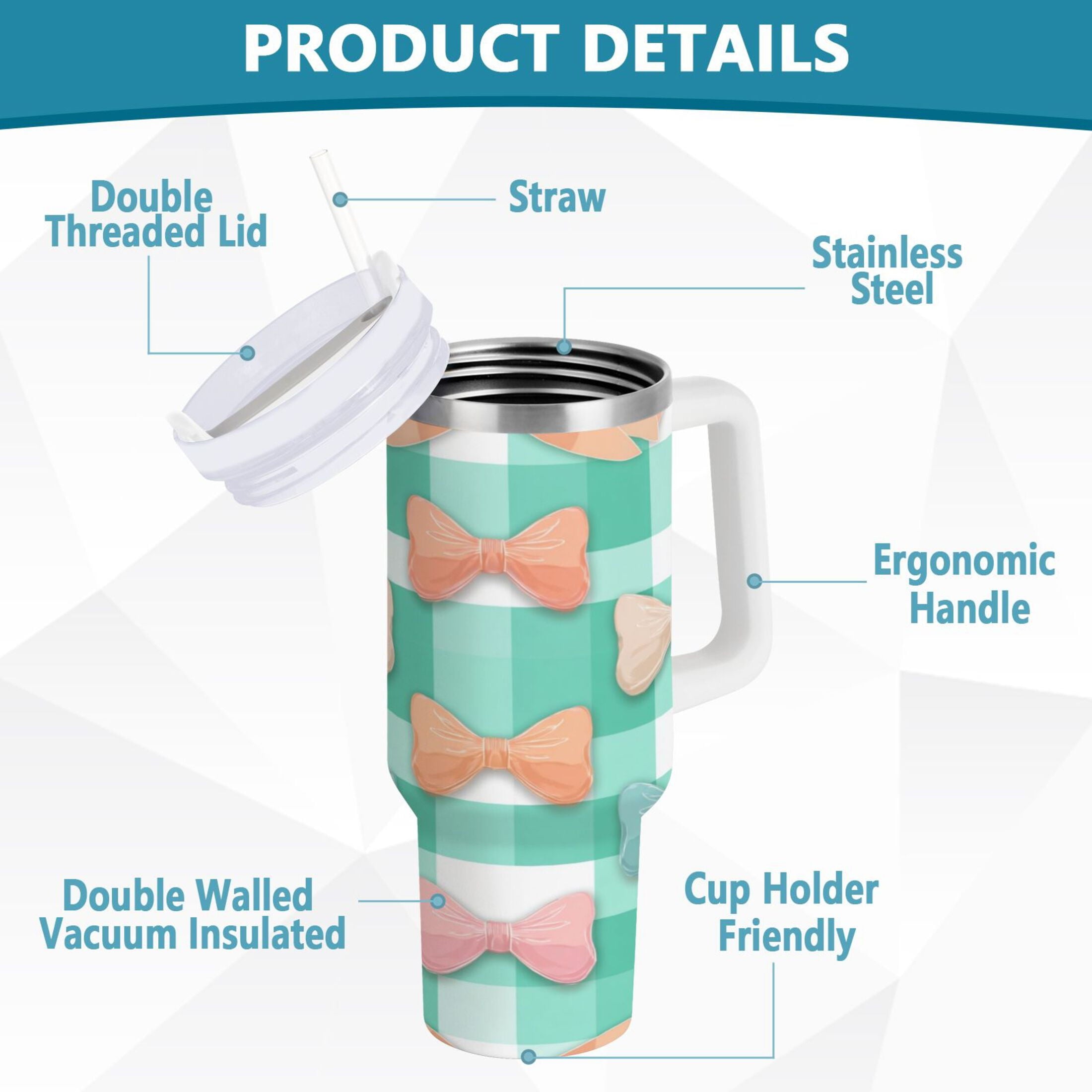 40 oz Insulated Stainless Steel Tumbler Double Wall Stainless Steel Tumbler with 2-Way Drinking Pastel Green and Peach Bows Edition-PZG7