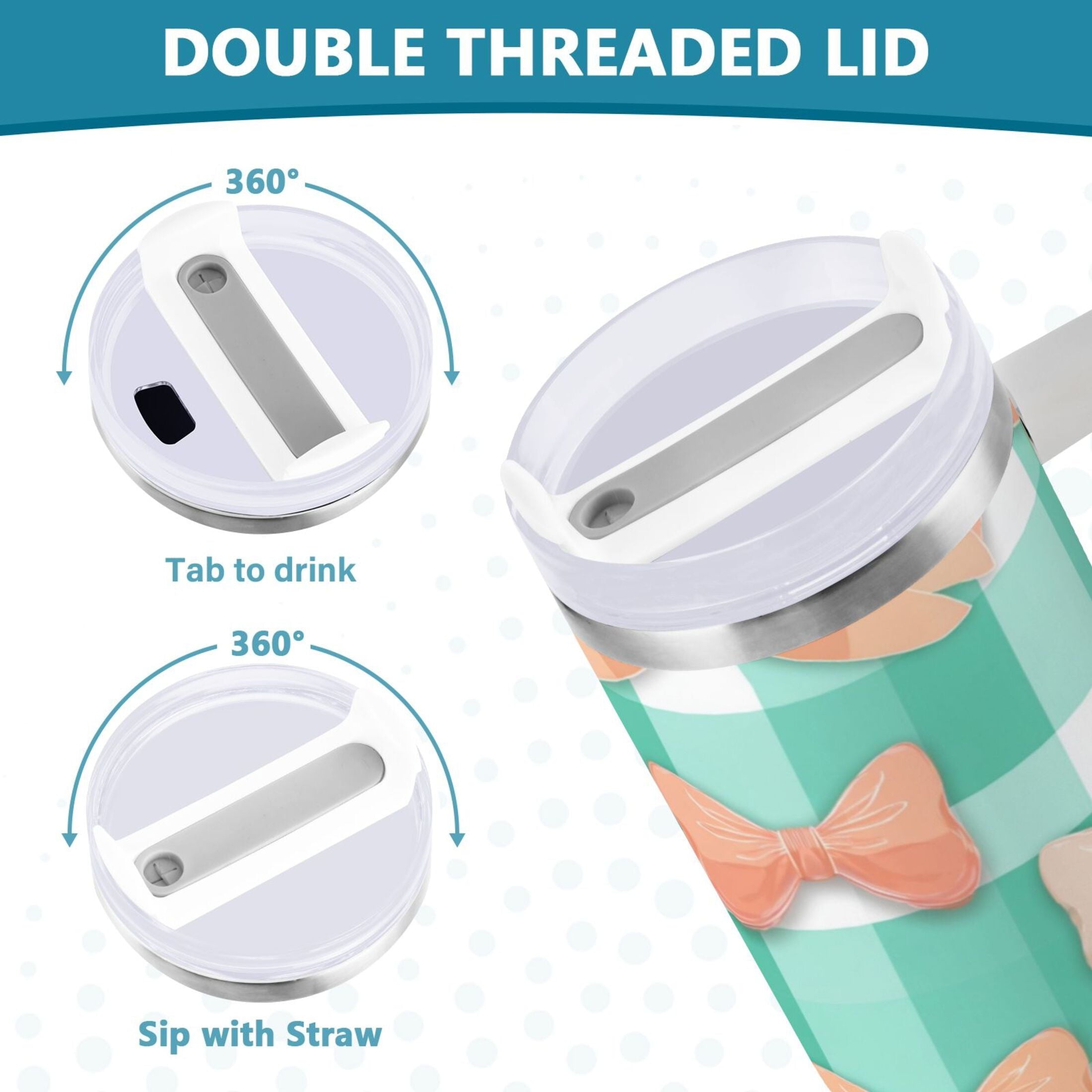 40 oz Insulated Stainless Steel Tumbler Double Wall Stainless Steel Tumbler with 2-Way Drinking Pastel Green and Peach Bows Edition-PZG7