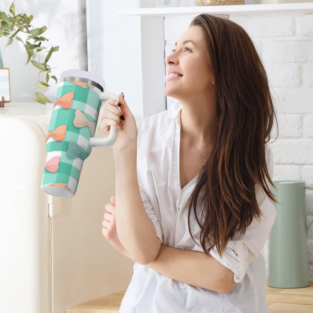 40 oz Insulated Stainless Steel Tumbler Double Wall Stainless Steel Tumbler with 2-Way Drinking Pastel Green and Peach Bows Edition-PZG7