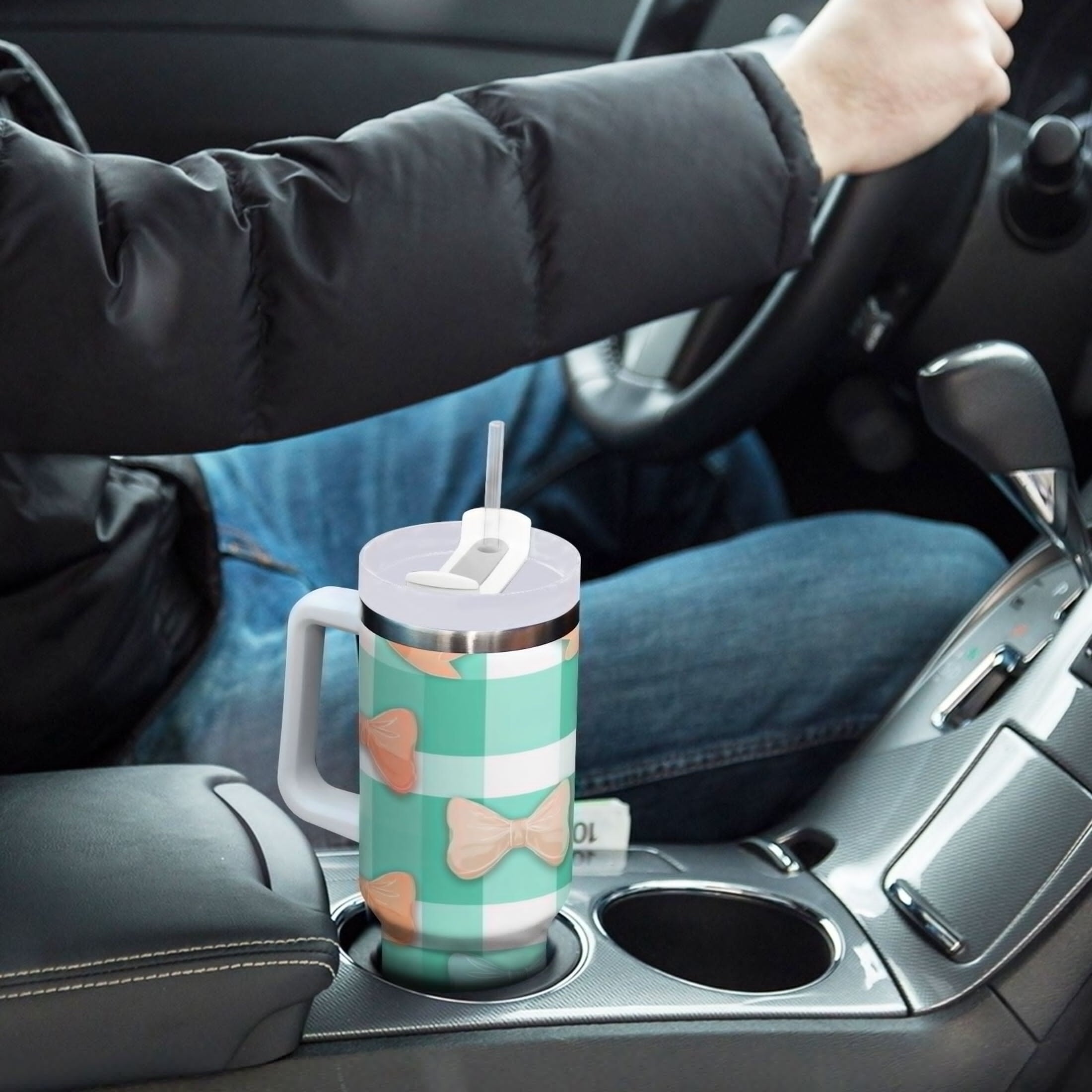 40 oz Insulated Stainless Steel Tumbler Double Wall Stainless Steel Tumbler with 2-Way Drinking Pastel Green and Peach Bows Edition-PZG7