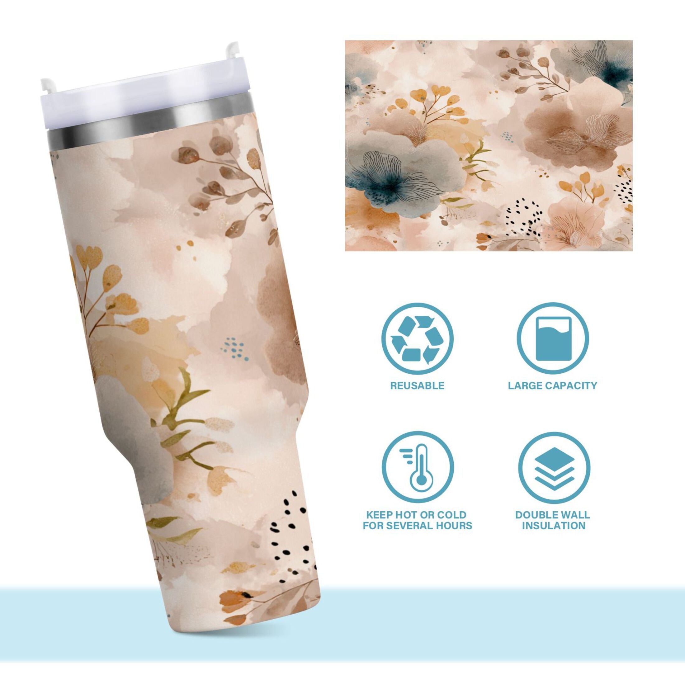 30 oz Insulated Stainless Steel Tumbler Double Wall Stainless Steel Tumbler with 2-Way Drinking Hazy Ethereal Flowers Edition-TQHC