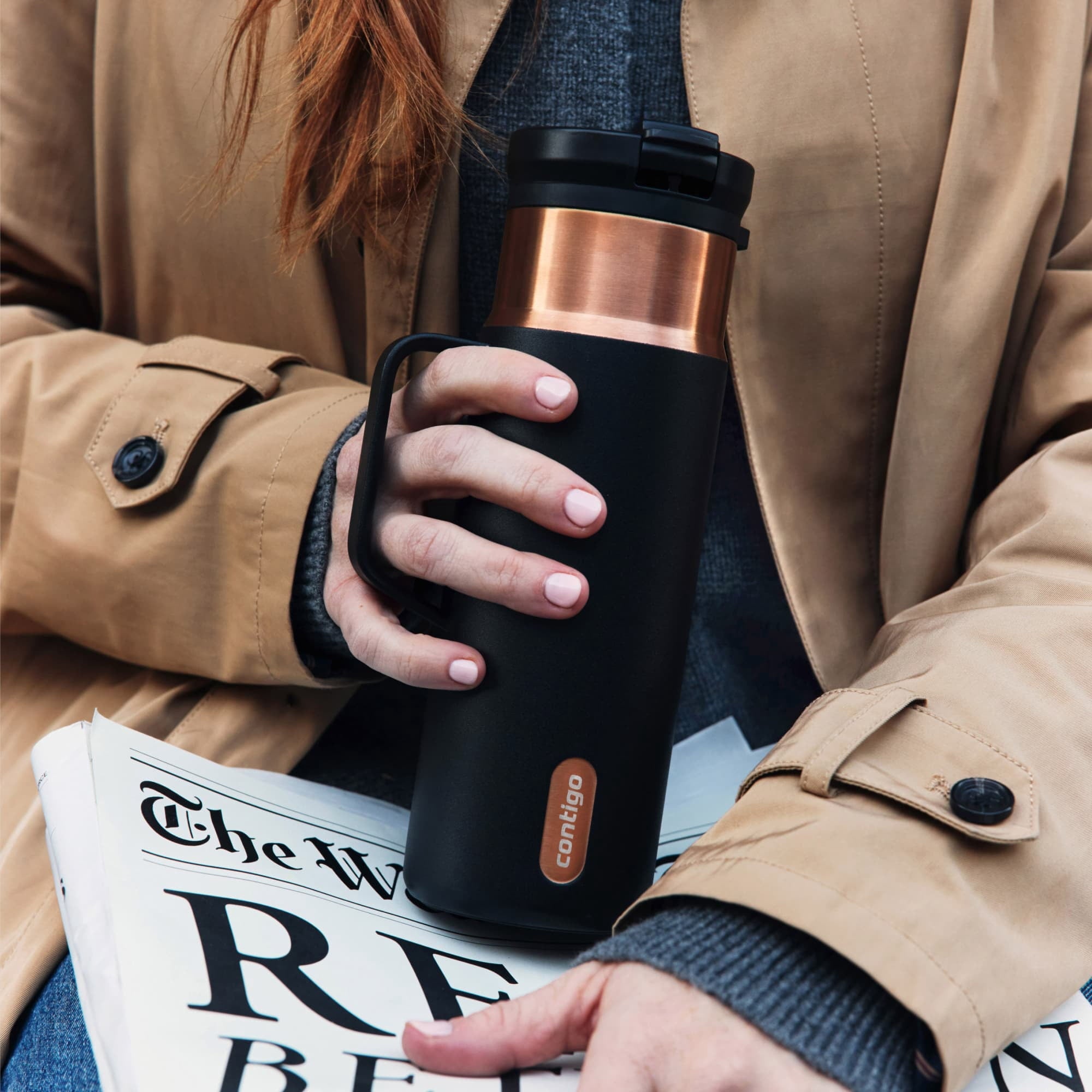 Contigo SnapSeal Leakproof Stainless Steel Reusable Water Bottle Tumbler with Side Handle, Dark Blue/Bronze, 20 oz Edition-GPFZ