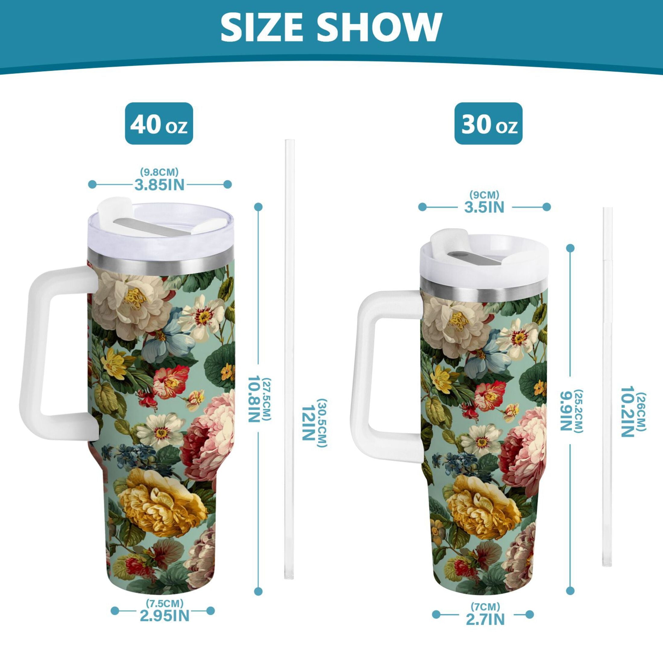 40 oz Insulated Stainless Steel Tumbler Double Wall Stainless Steel Tumbler with 2-Way Drinking Floral Pattern with Roses Edition-R5YV