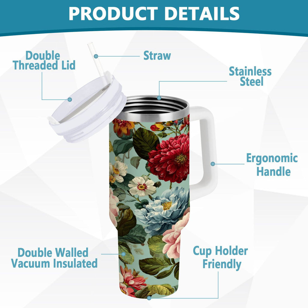 40 oz Insulated Stainless Steel Tumbler Double Wall Stainless Steel Tumbler with 2-Way Drinking Floral Pattern with Roses Edition-R5YV