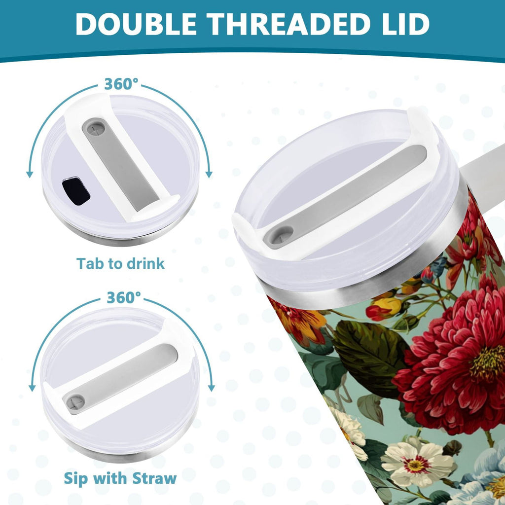 40 oz Insulated Stainless Steel Tumbler Double Wall Stainless Steel Tumbler with 2-Way Drinking Floral Pattern with Roses Edition-R5YV