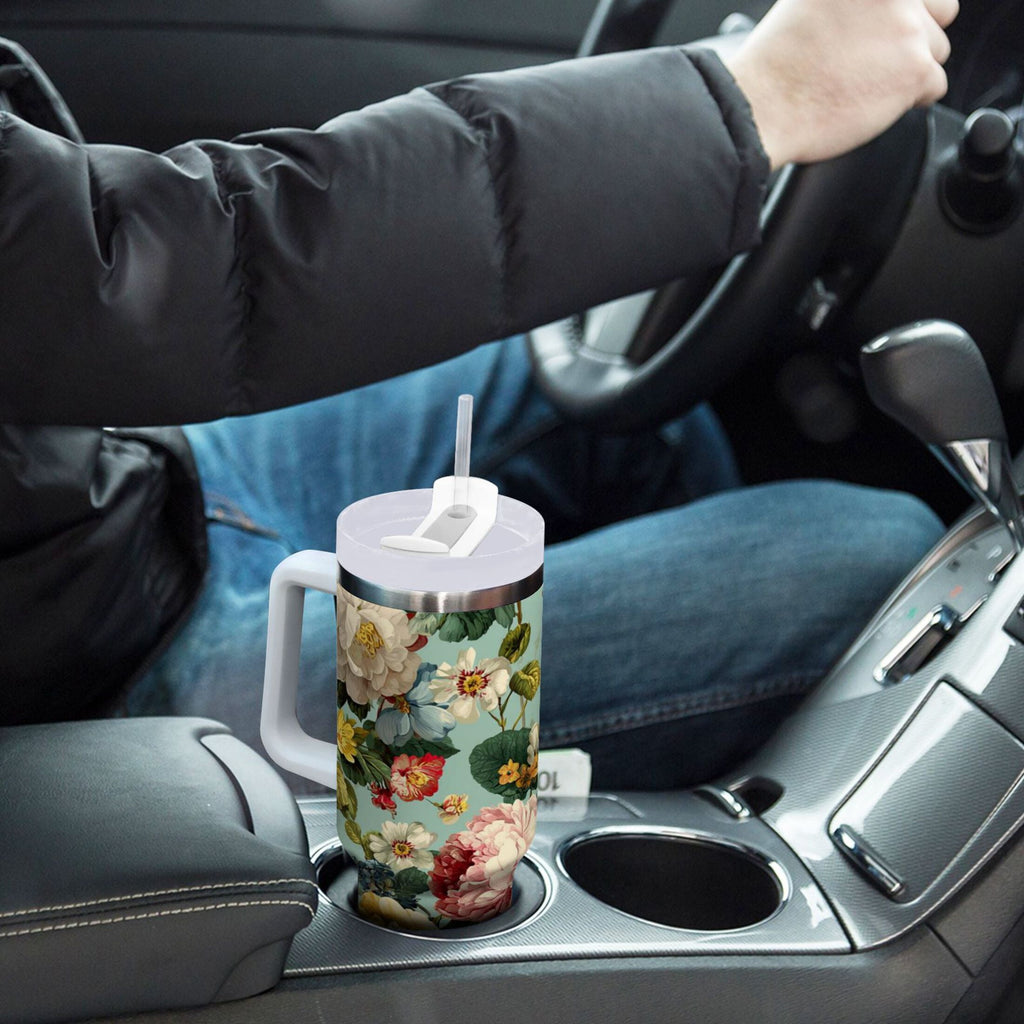 40 oz Insulated Stainless Steel Tumbler Double Wall Stainless Steel Tumbler with 2-Way Drinking Floral Pattern with Roses Edition-R5YV