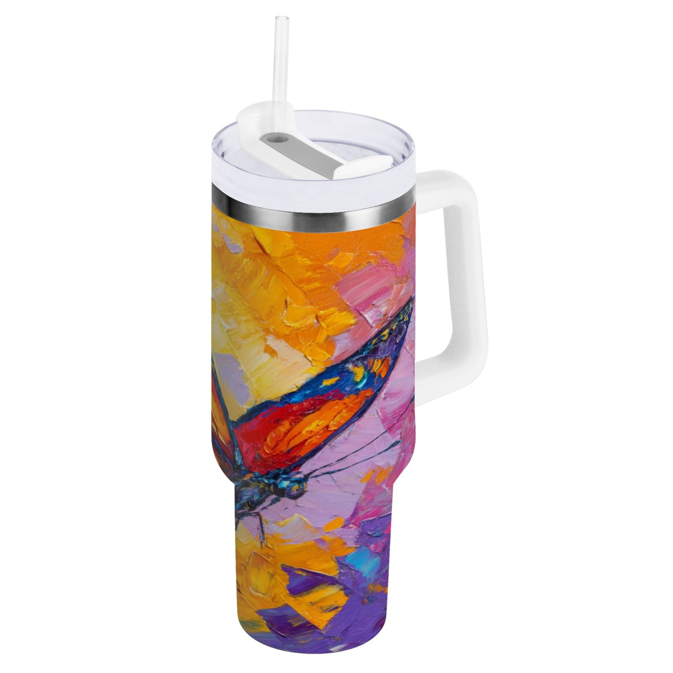 30 oz Insulated Stainless Steel Tumbler Double Wall Stainless Steel Tumbler with 2-Way Drinking Colorful Butterfly Flying Edition-VFFO