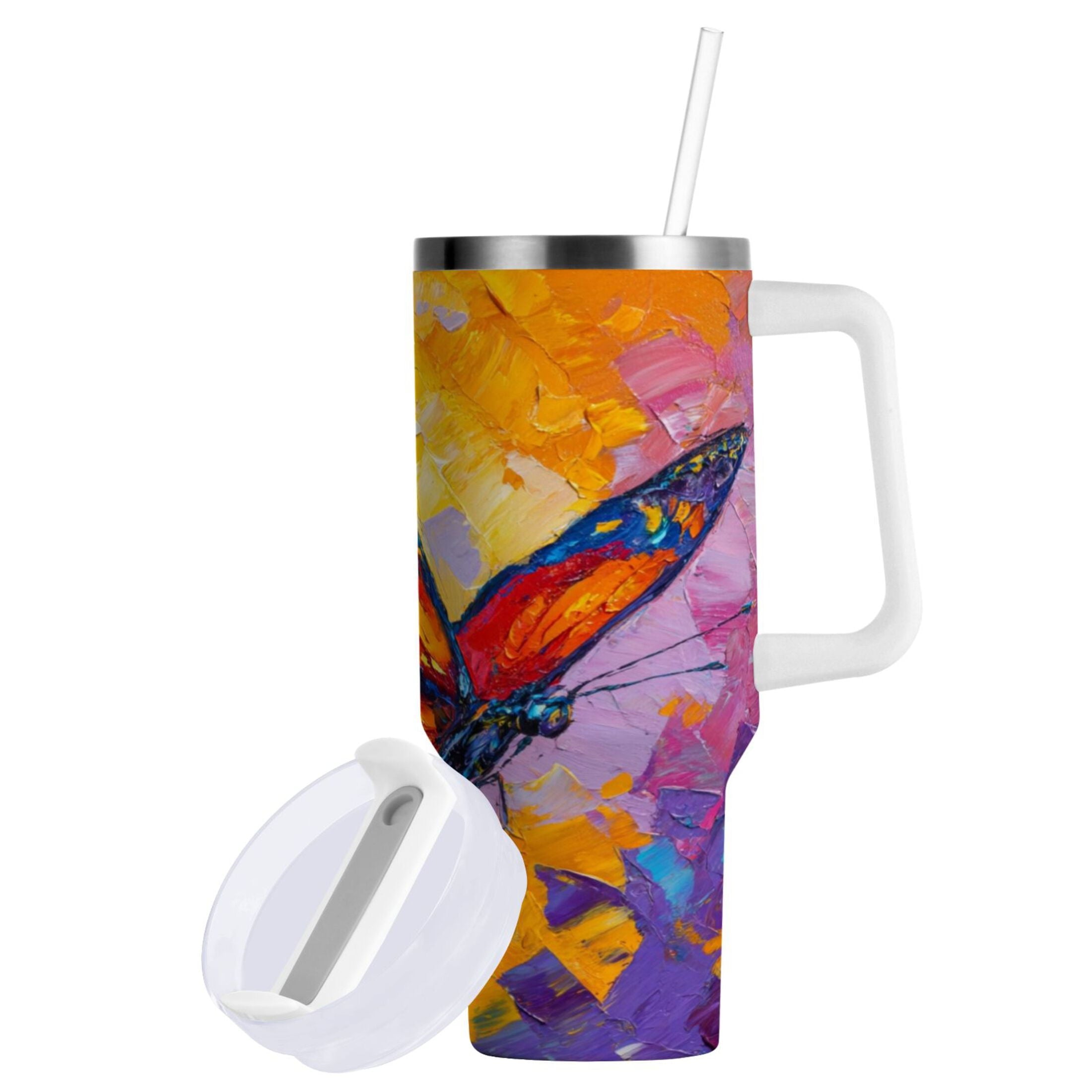 30 oz Insulated Stainless Steel Tumbler Double Wall Stainless Steel Tumbler with 2-Way Drinking Colorful Butterfly Flying Edition-VFFO