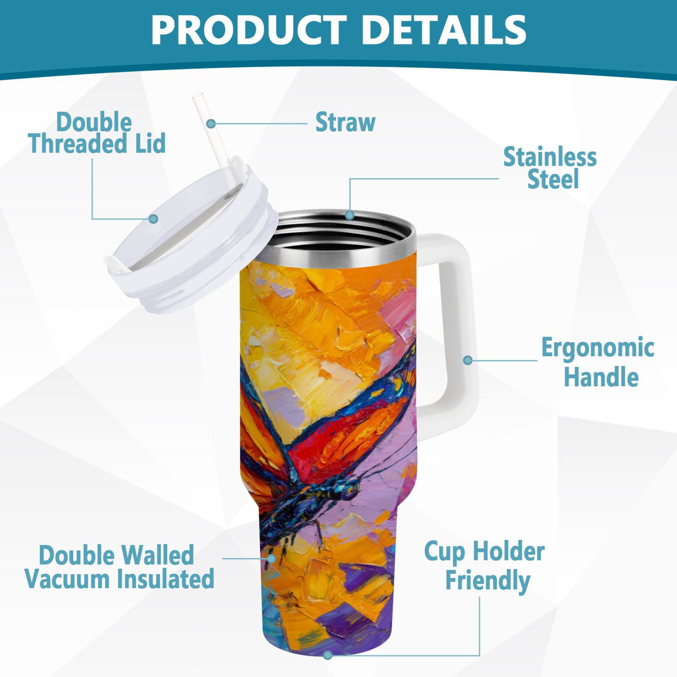 30 oz Insulated Stainless Steel Tumbler Double Wall Stainless Steel Tumbler with 2-Way Drinking Colorful Butterfly Flying Edition-VFFO