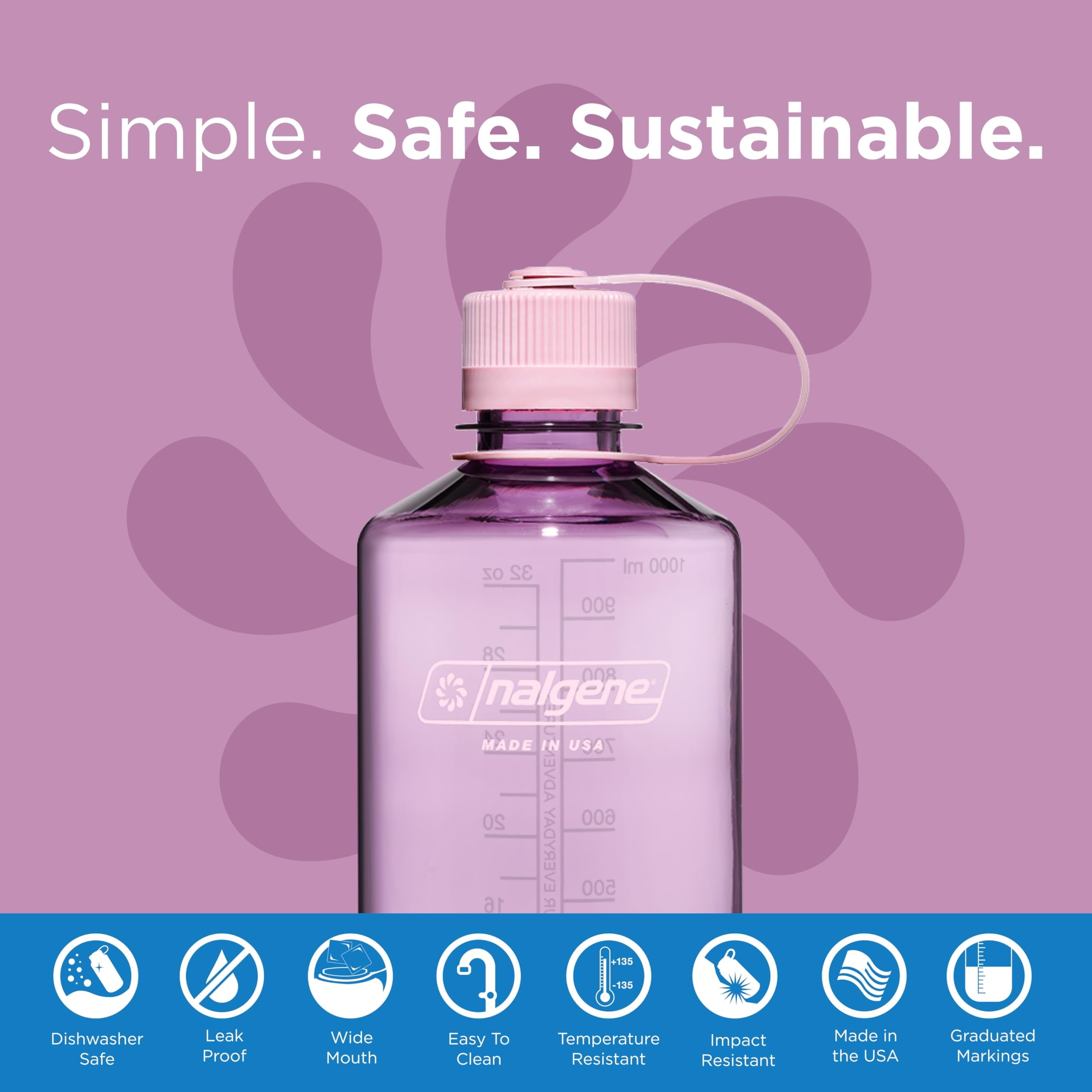 Nalgene Sustain Tritan BPA-Free Water Bottle Made with Material Derived from 50% Plastic Waste (using ISCC certified mass balance), 32 OZ, Narrow Mouth, Cherry Blossom Edition-6XTQ