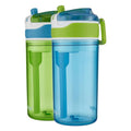 Contigo Kids 2-in-1 Snack Hero Tumbler Featuring 4oz Snack Holder Stacked on Top of 13oz Water Bottle - BPA Free, Durable Tritan w/Flexible Carry Handle &amp; Spill-Proof Valve, Green &amp; Blue – 2 Pack Edition-QI72