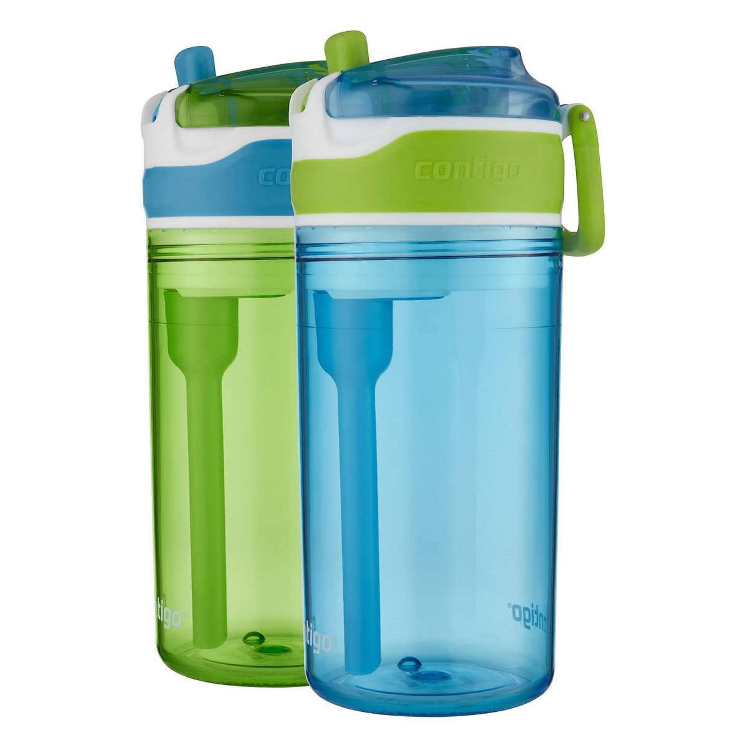 Contigo Kids 2-in-1 Snack Hero Tumbler Featuring 4oz Snack Holder Stacked on Top of 13oz Water Bottle - BPA Free, Durable Tritan w/Flexible Carry Handle &amp; Spill-Proof Valve, Green &amp; Blue – 2 Pack Edition-QI72