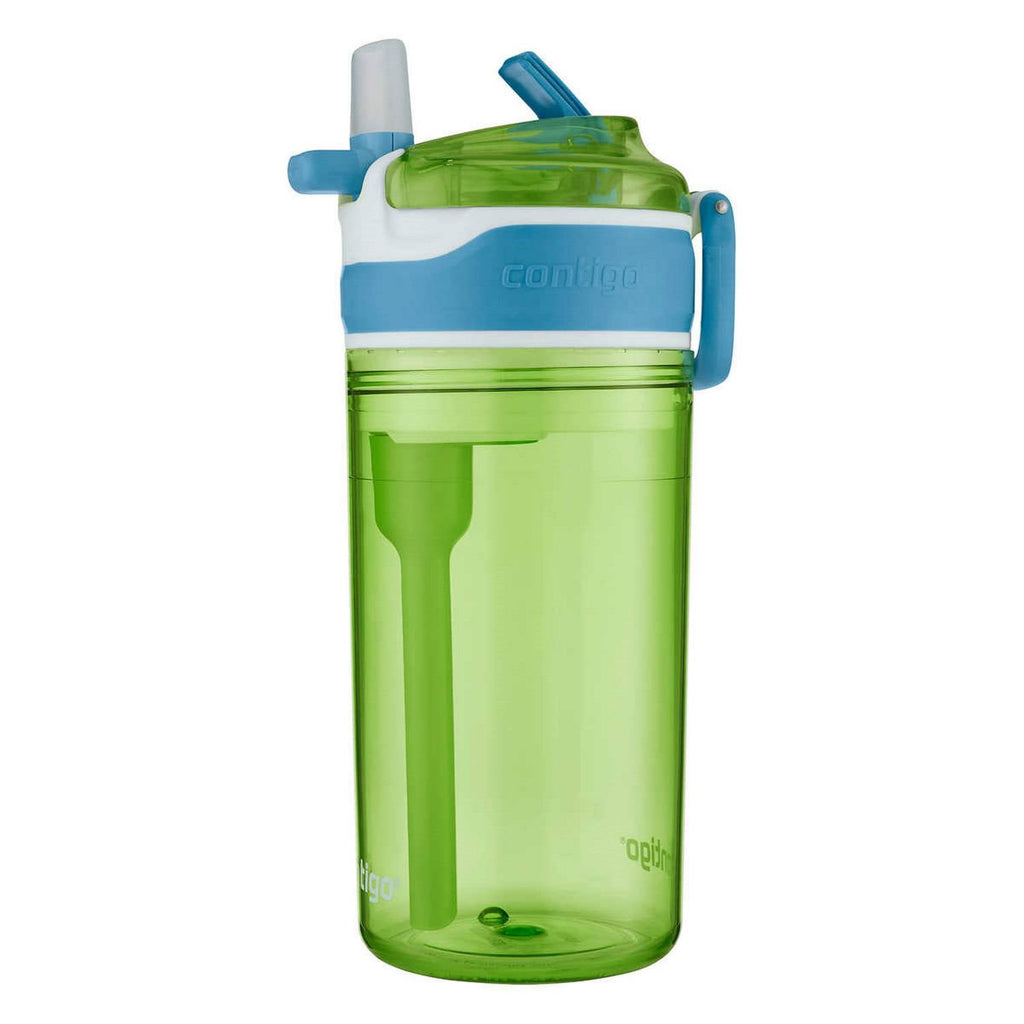 Contigo Kids 2-in-1 Snack Hero Tumbler Featuring 4oz Snack Holder Stacked on Top of 13oz Water Bottle - BPA Free, Durable Tritan w/Flexible Carry Handle &amp; Spill-Proof Valve, Green &amp; Blue – 2 Pack Edition-QI72