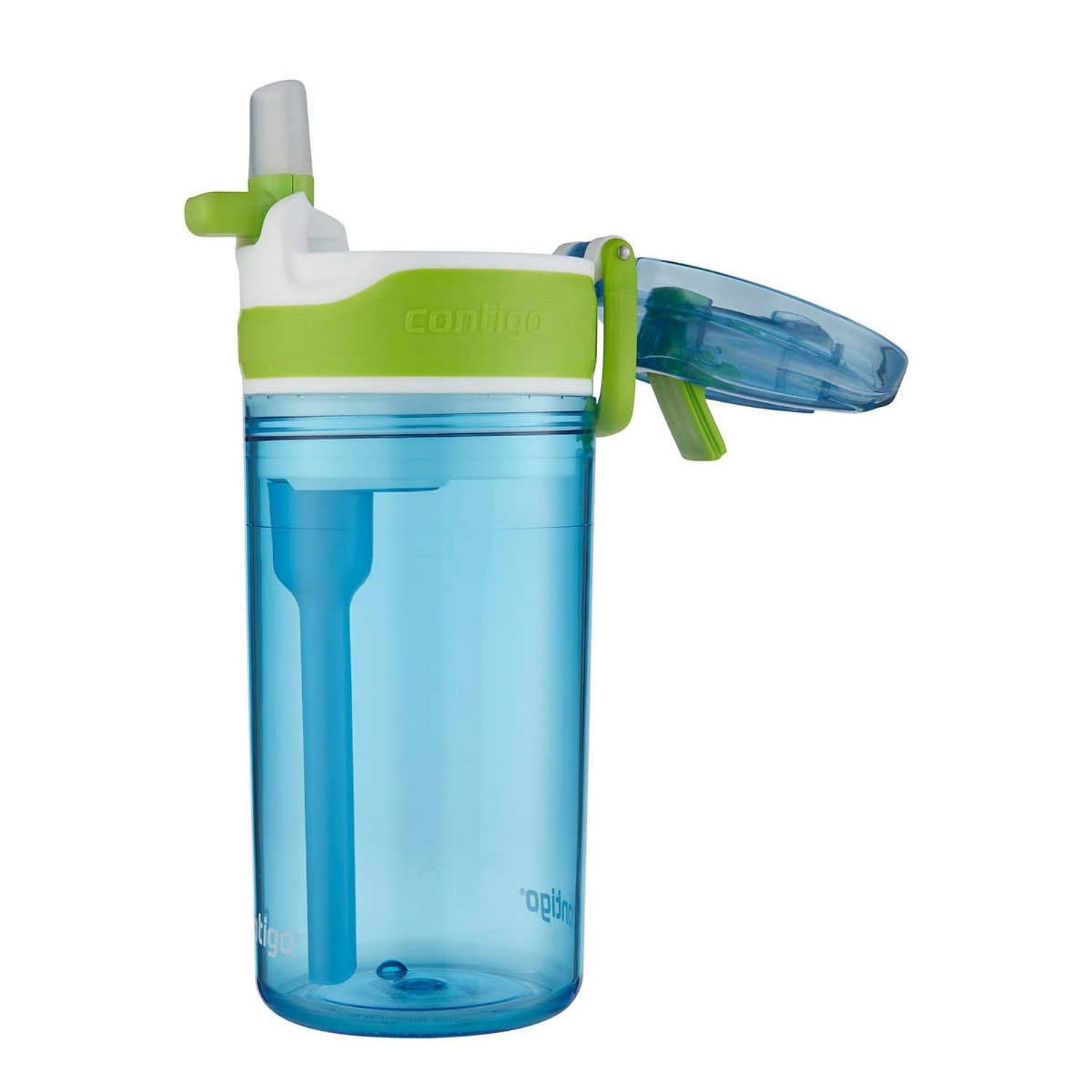 Contigo Kids 2-in-1 Snack Hero Tumbler Featuring 4oz Snack Holder Stacked on Top of 13oz Water Bottle - BPA Free, Durable Tritan w/Flexible Carry Handle &amp; Spill-Proof Valve, Green &amp; Blue – 2 Pack Edition-QI72