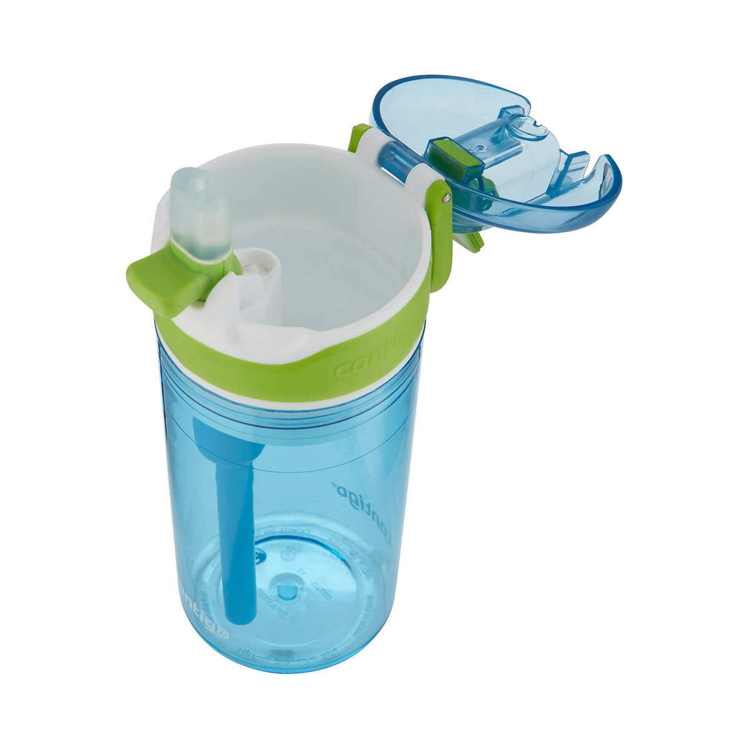 Contigo Kids 2-in-1 Snack Hero Tumbler Featuring 4oz Snack Holder Stacked on Top of 13oz Water Bottle - BPA Free, Durable Tritan w/Flexible Carry Handle &amp; Spill-Proof Valve, Green &amp; Blue – 2 Pack Edition-QI72