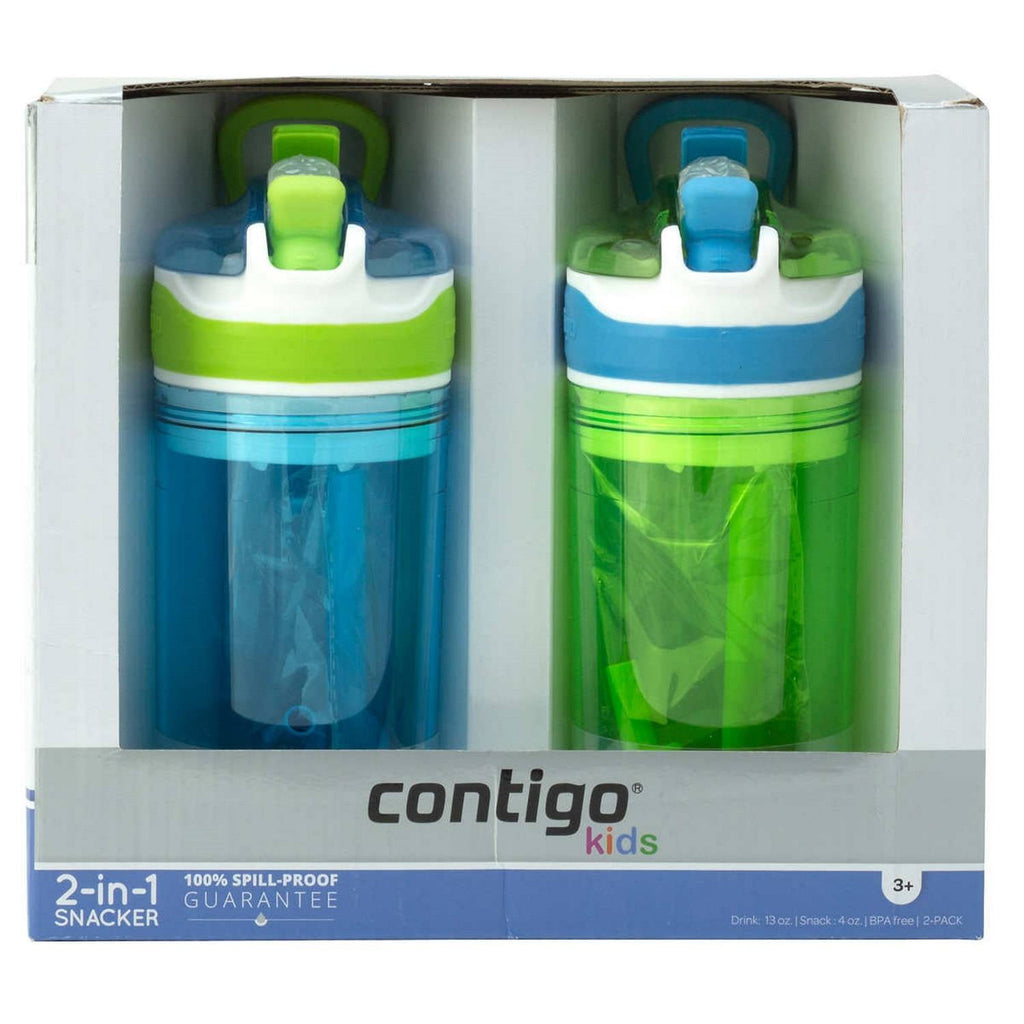 Contigo Kids 2-in-1 Snack Hero Tumbler Featuring 4oz Snack Holder Stacked on Top of 13oz Water Bottle - BPA Free, Durable Tritan w/Flexible Carry Handle &amp; Spill-Proof Valve, Green &amp; Blue – 2 Pack Edition-QI72