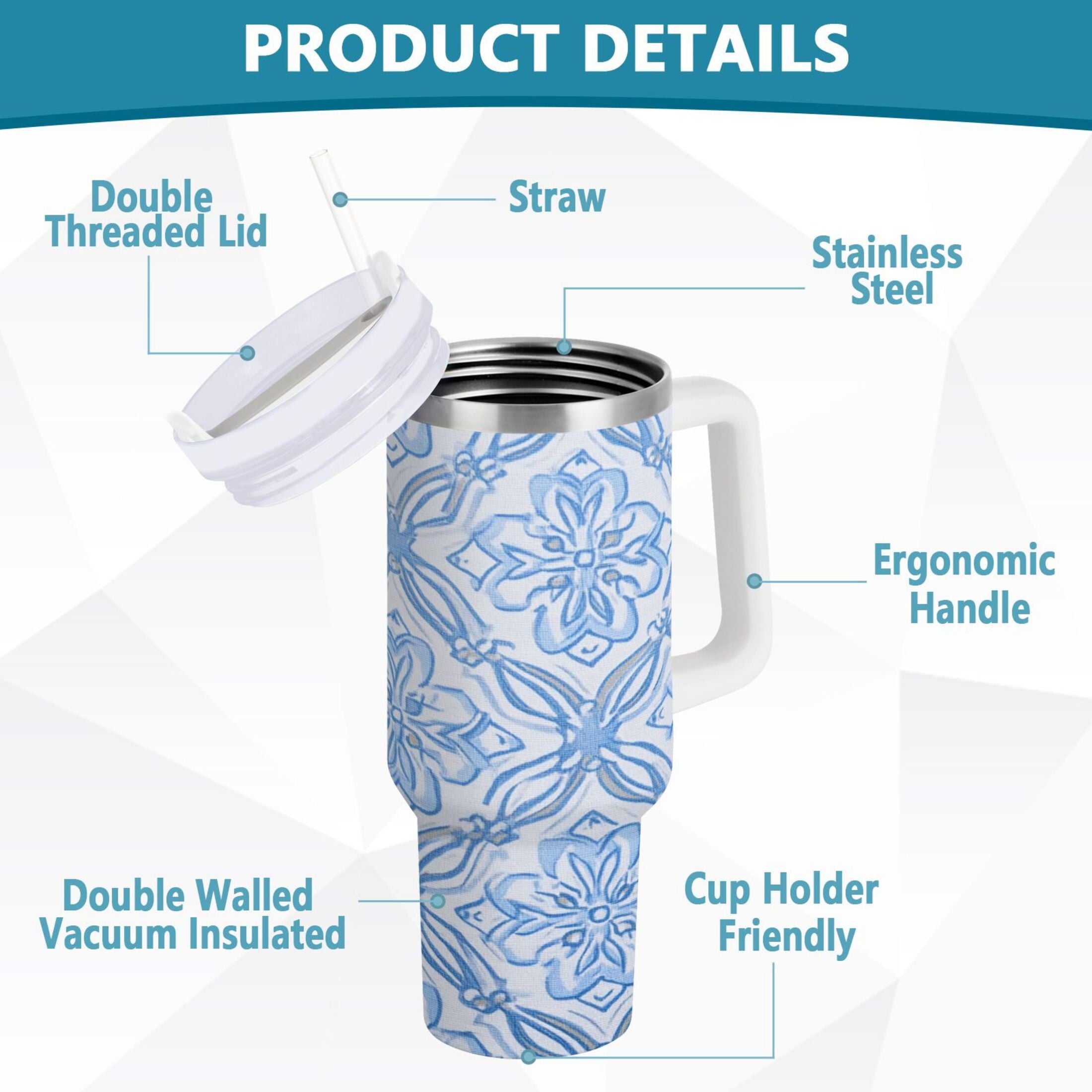 30 oz Insulated Stainless Steel Tumbler Double Wall Stainless Steel Tumbler with 2-Way Drinking Blue Elegant Geometric Design Edition-SCHG