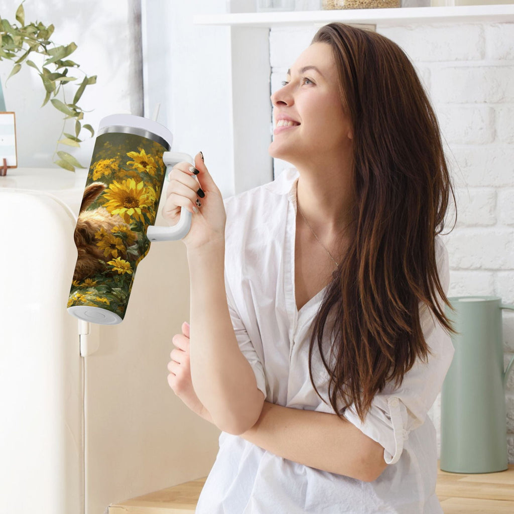 40 oz Insulated Stainless Steel Tumbler Double Wall Stainless Steel Tumbler with 2-Way Drinking Cow Lying in Sunflowers Edition-L9HL