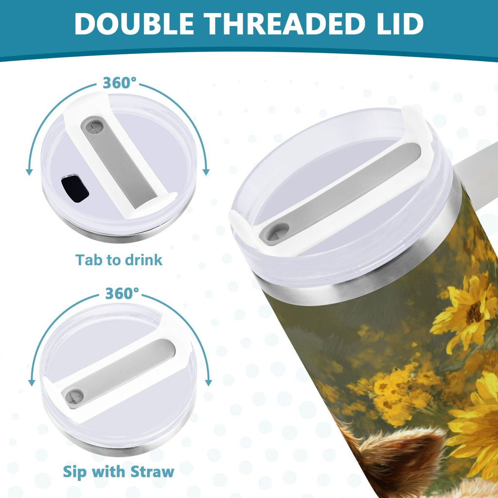 40 oz Insulated Stainless Steel Tumbler Double Wall Stainless Steel Tumbler with 2-Way Drinking Cow Lying in Sunflowers Edition-L9HL