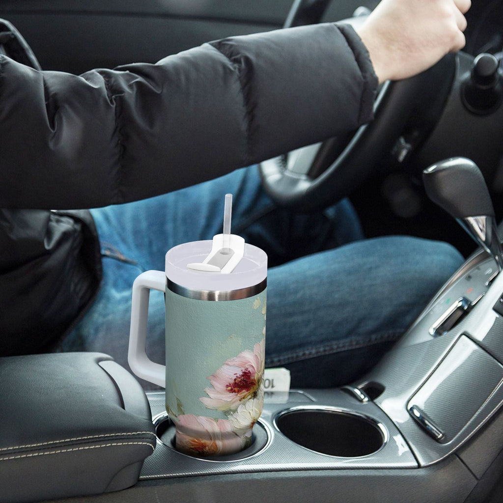 40 oz Insulated Stainless Steel Tumbler Double Wall Stainless Steel Tumbler with 2-Way Drinking Vintage Peonies and Daisies Edition-D83F