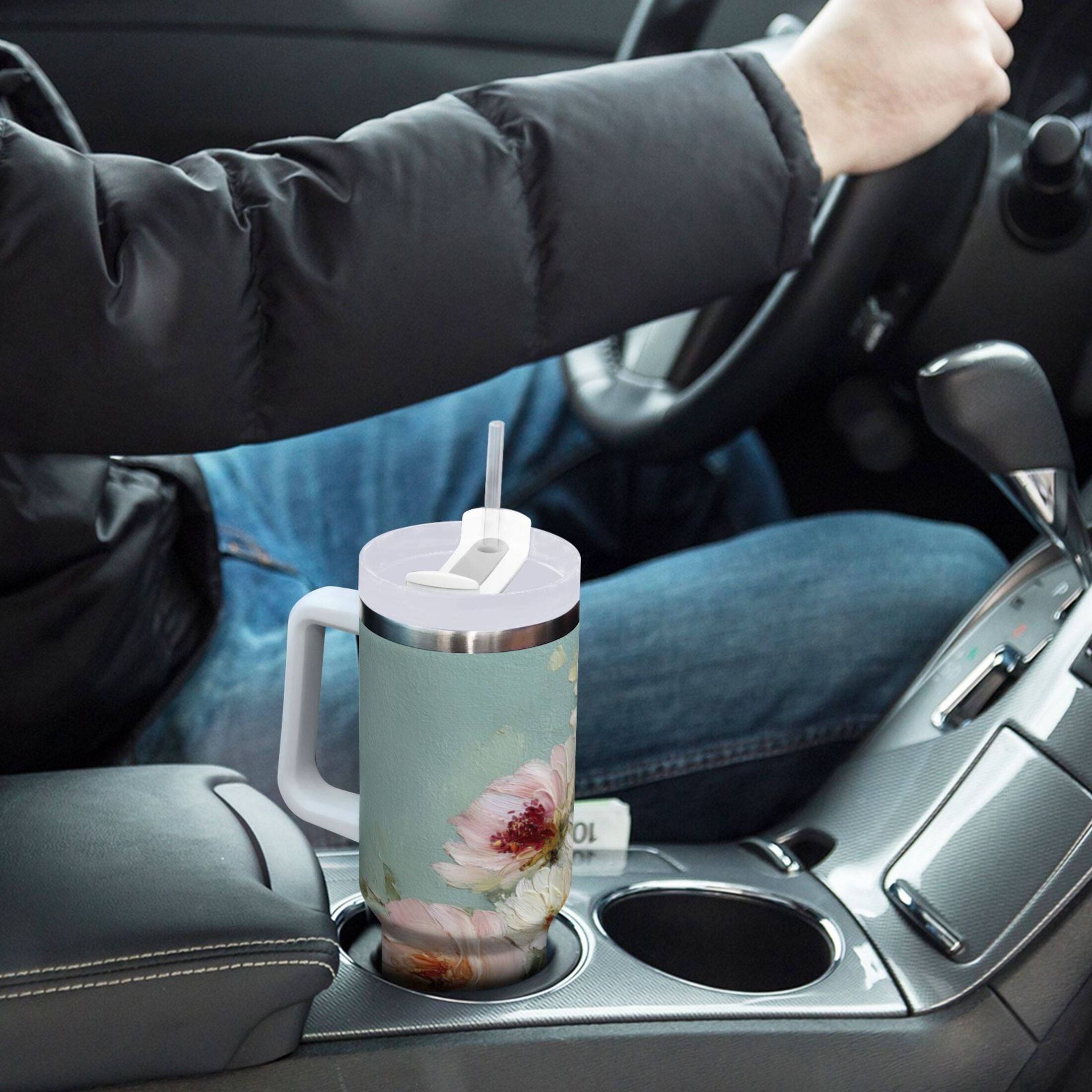 40 oz Insulated Stainless Steel Tumbler Double Wall Stainless Steel Tumbler with 2-Way Drinking Vintage Peonies and Daisies Edition-D83F
