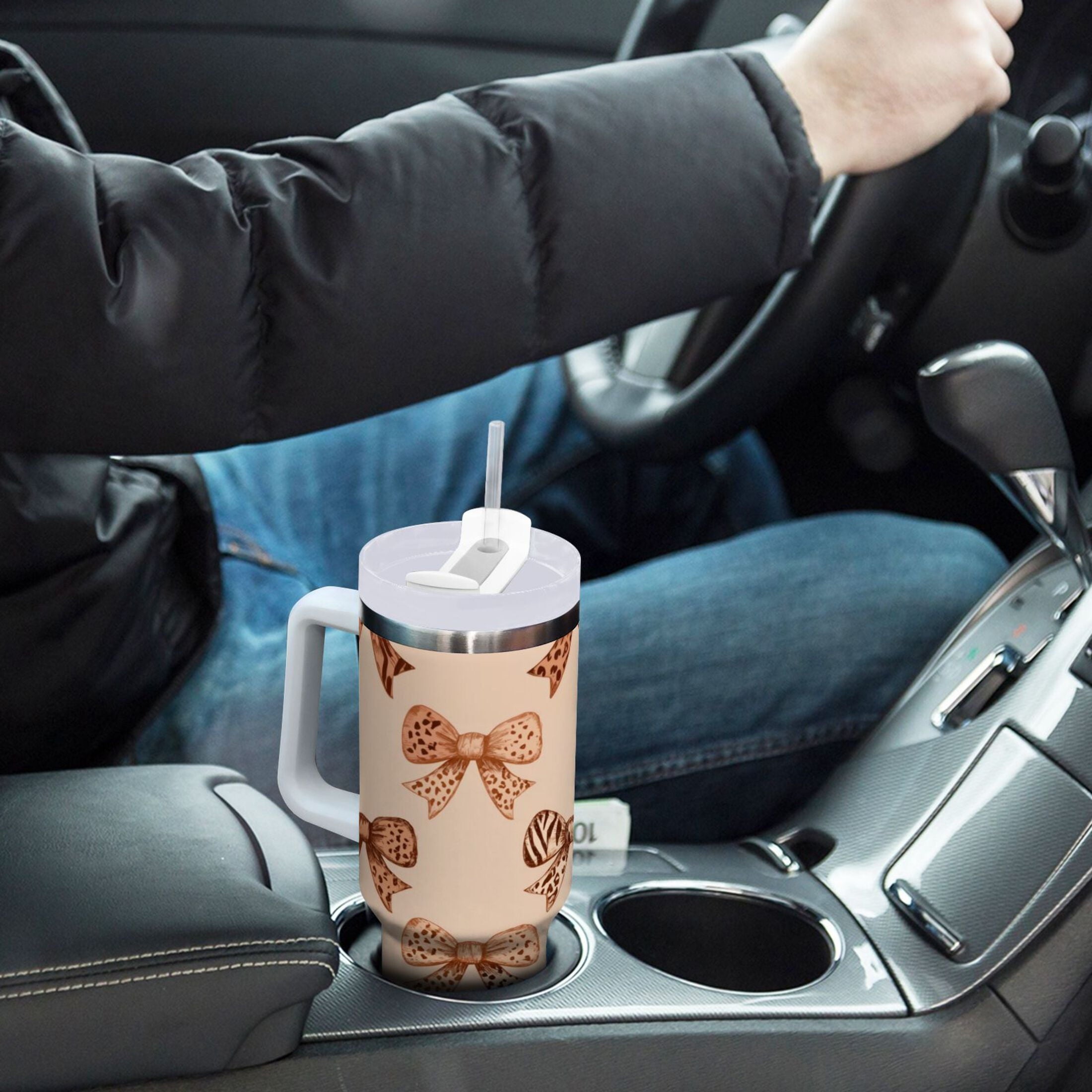 40 oz Insulated Stainless Steel Tumbler Double Wall Stainless Steel Tumbler with 2-Way Drinking Leopard Print Bow Edition-KO3I