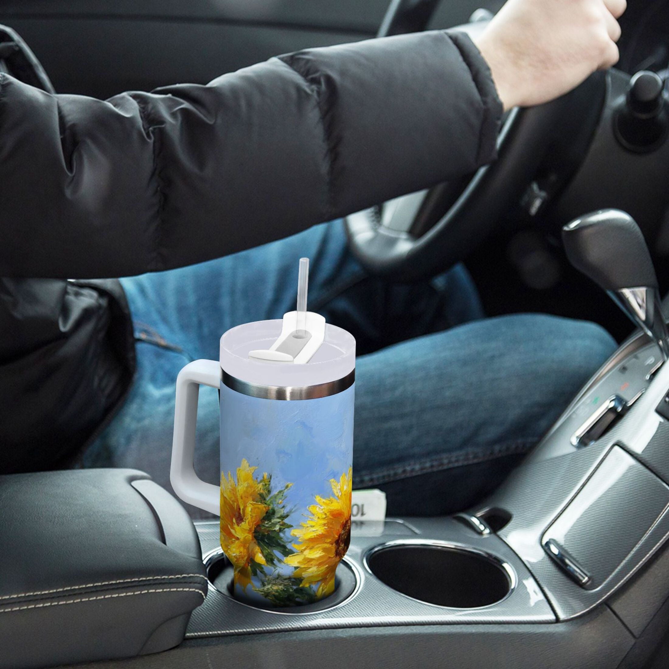 40 oz Insulated Stainless Steel Tumbler Double Wall Stainless Steel Tumbler with 2-Way Drinking Sunflowers Painting Edition-HYAQ