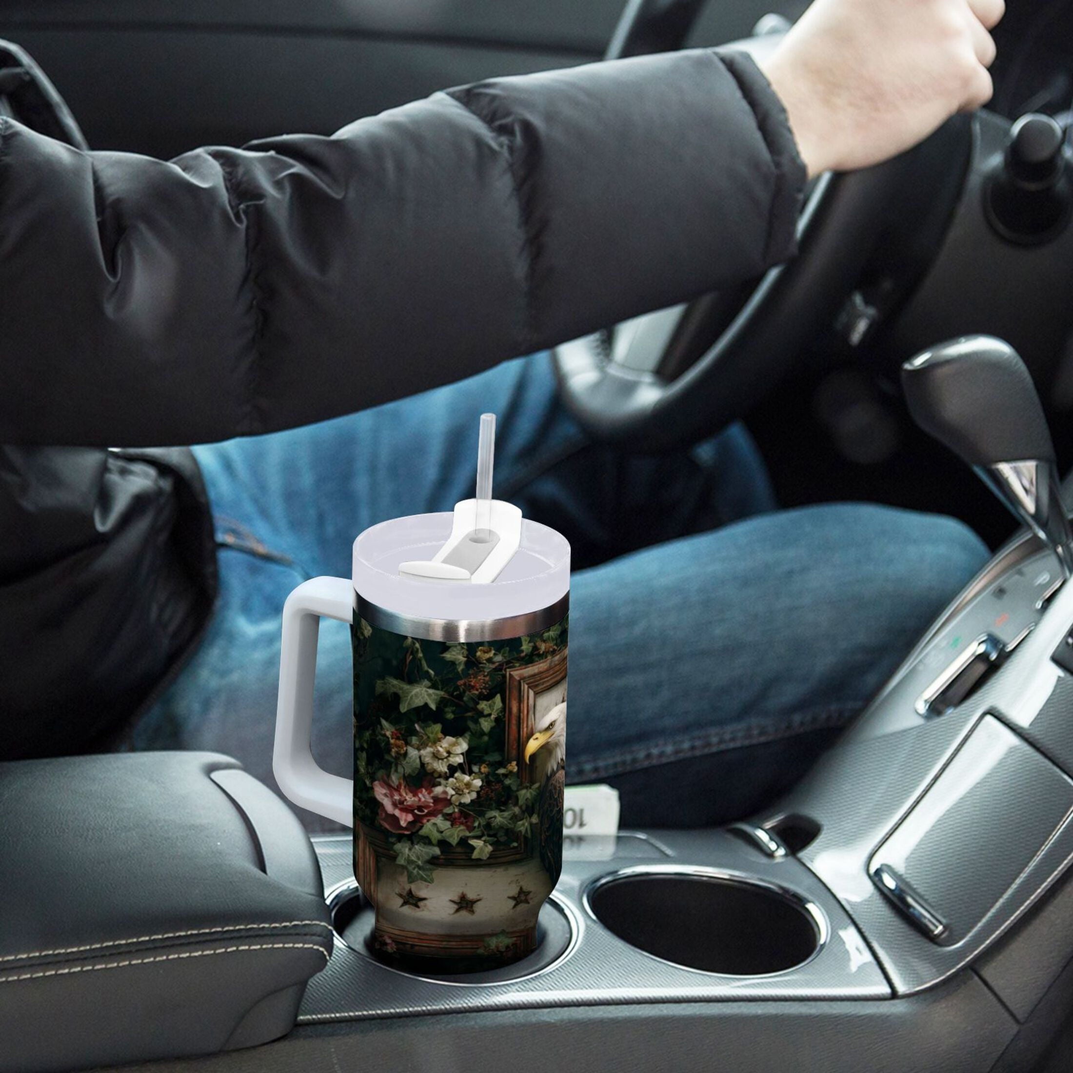 30 oz Insulated Stainless Steel Tumbler Double Wall Stainless Steel Tumbler with 2-Way Drinking Wreath and Bald Eagle Edition-S4FC