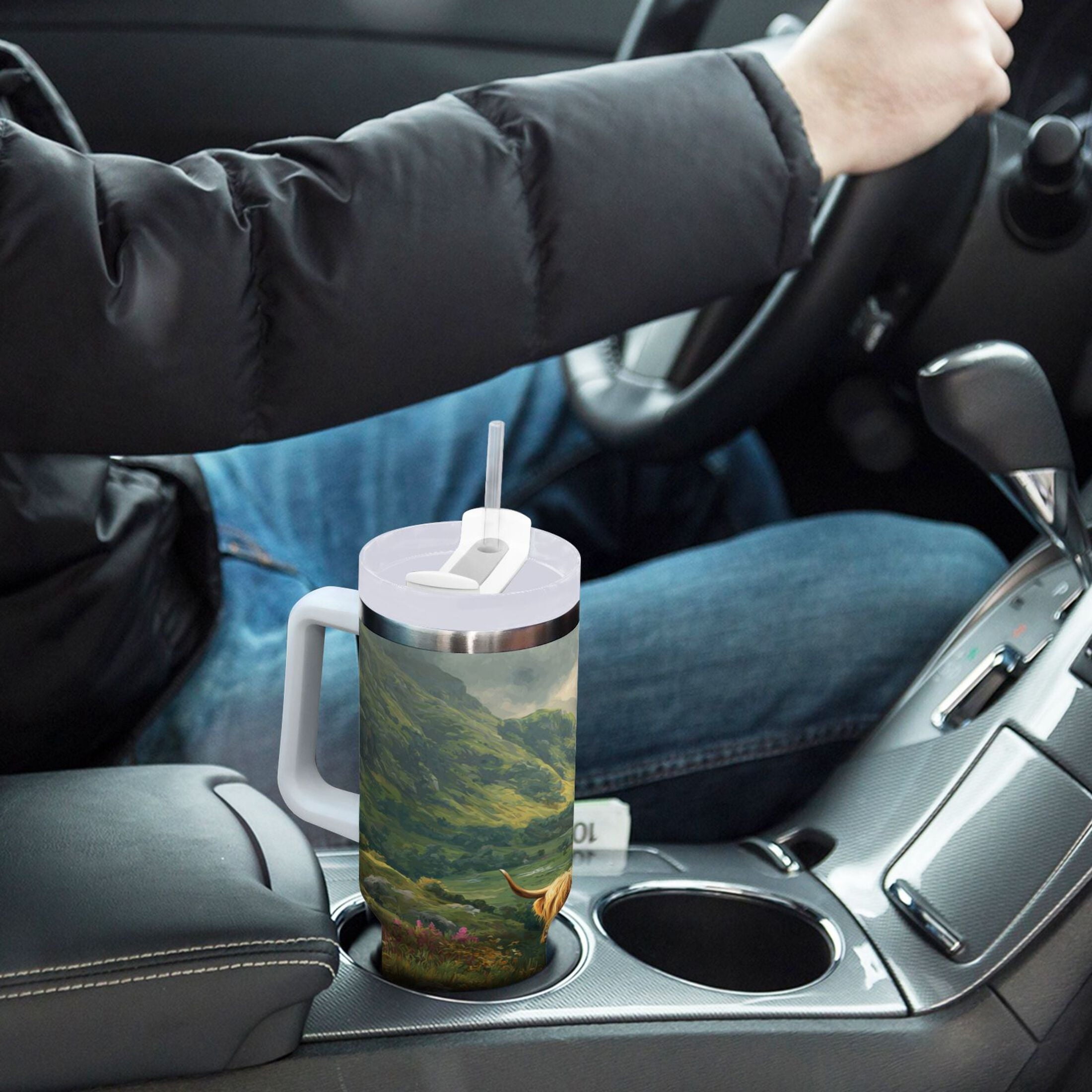 30 oz Insulated Stainless Steel Tumbler Double Wall Stainless Steel Tumbler with 2-Way Drinking Cow in Green Rolling Hills Edition-S5Y4