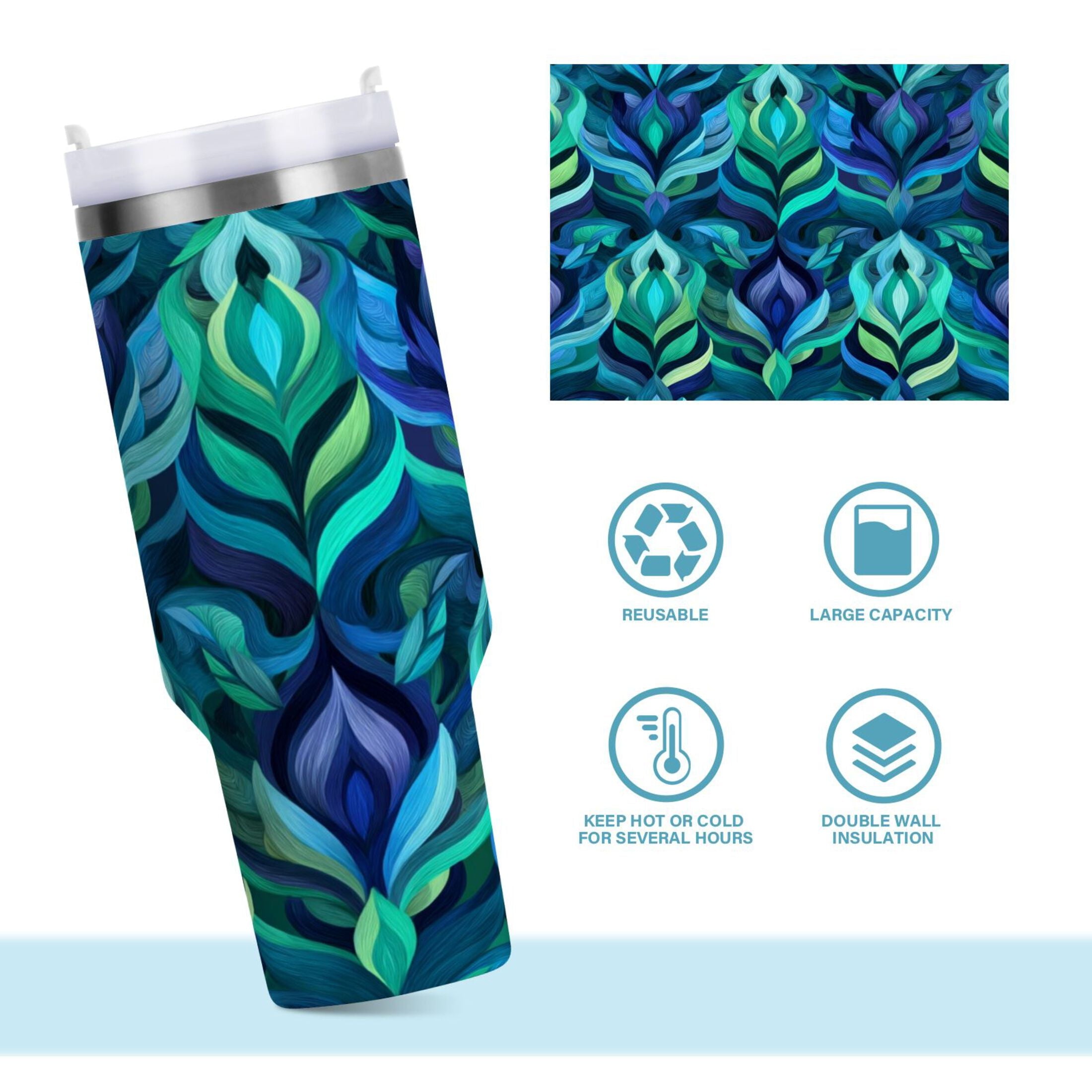 40 oz Insulated Stainless Steel Tumbler Double Wall Stainless Steel Tumbler with 2-Way Drinking Elegant Blue Abstract Shapes Edition-7654