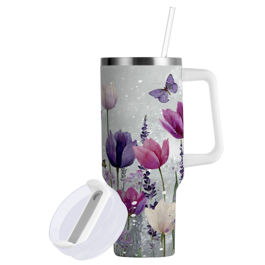 40 oz Insulated Stainless Steel Tumbler Double Wall Stainless Steel Tumbler with 2-Way Drinking Colorful Tulips and Lavender Edition-6XHO