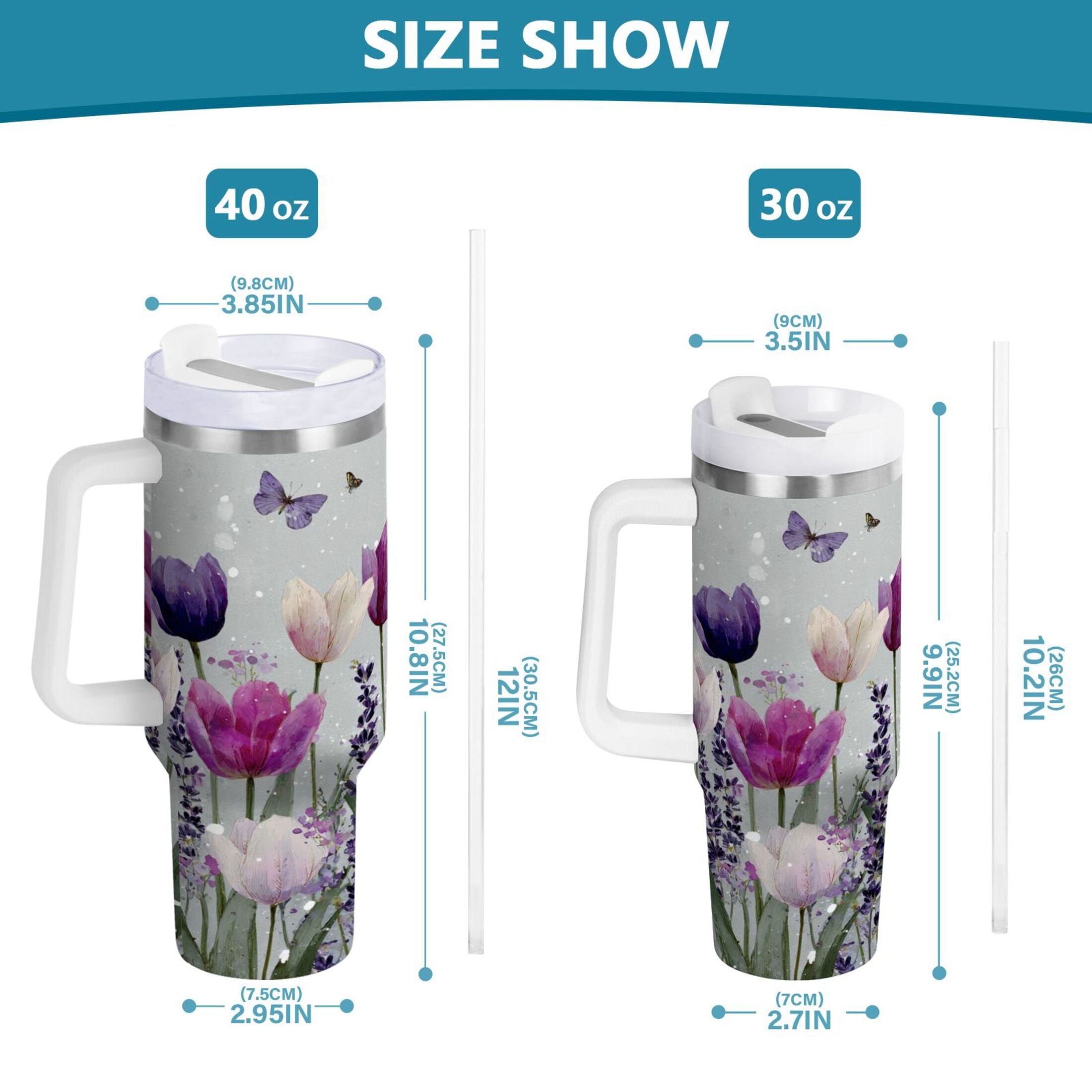 40 oz Insulated Stainless Steel Tumbler Double Wall Stainless Steel Tumbler with 2-Way Drinking Colorful Tulips and Lavender Edition-6XHO
