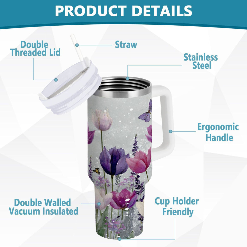 40 oz Insulated Stainless Steel Tumbler Double Wall Stainless Steel Tumbler with 2-Way Drinking Colorful Tulips and Lavender Edition-6XHO