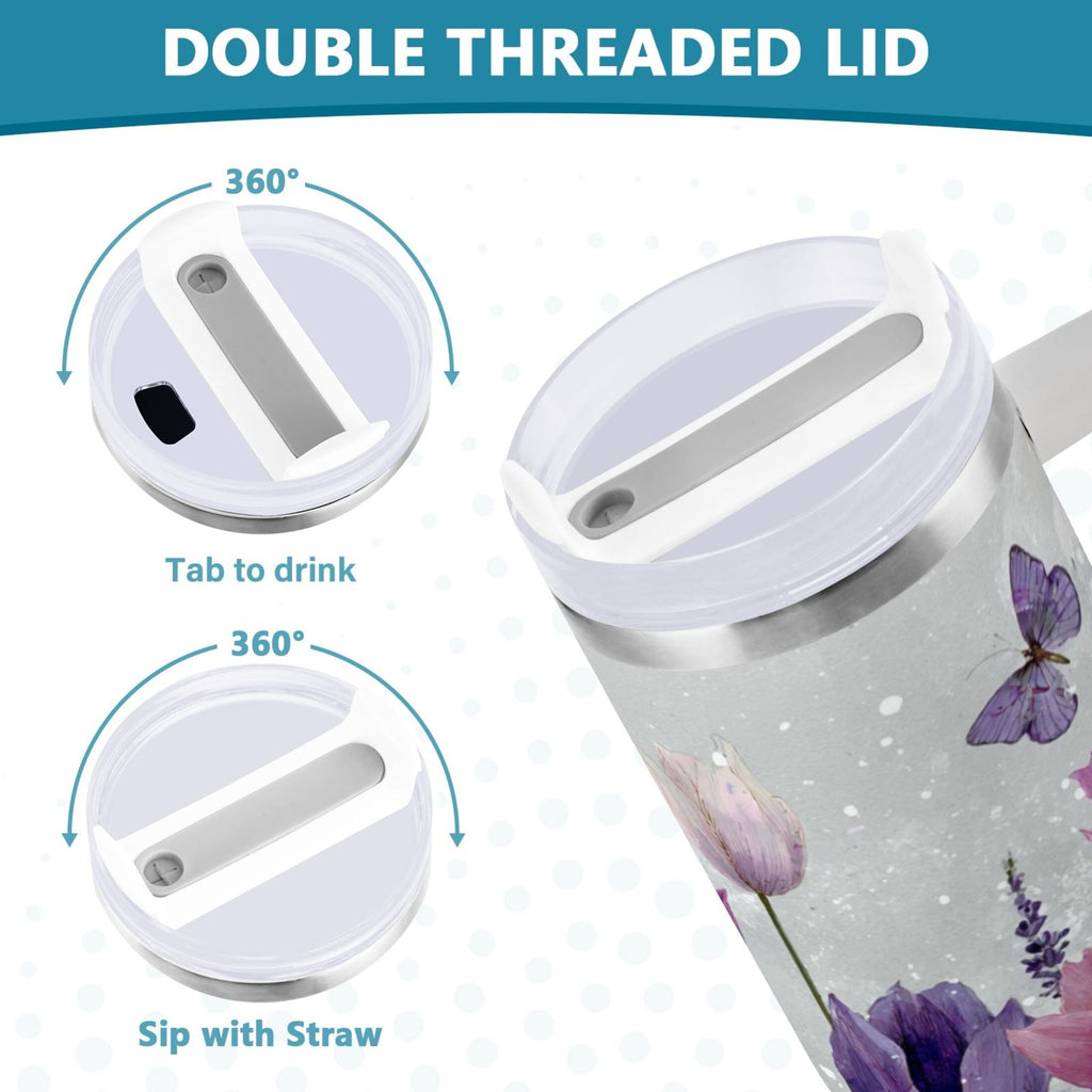 40 oz Insulated Stainless Steel Tumbler Double Wall Stainless Steel Tumbler with 2-Way Drinking Colorful Tulips and Lavender Edition-6XHO